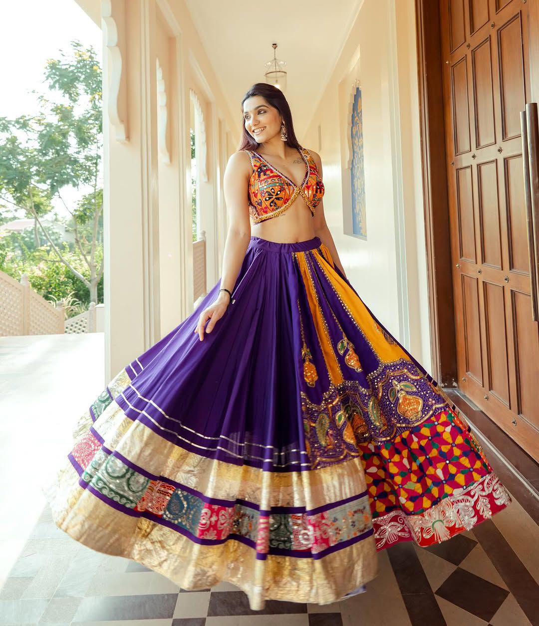 Purple Color Trendy Mirror Work Printed Hit Navratri Chaniya Choli