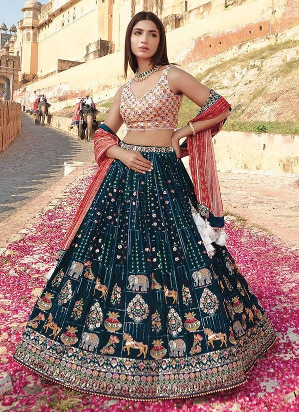 Navy Blue Color Traditional Georgette Sequence Work Wedding Special Lehenga Choli