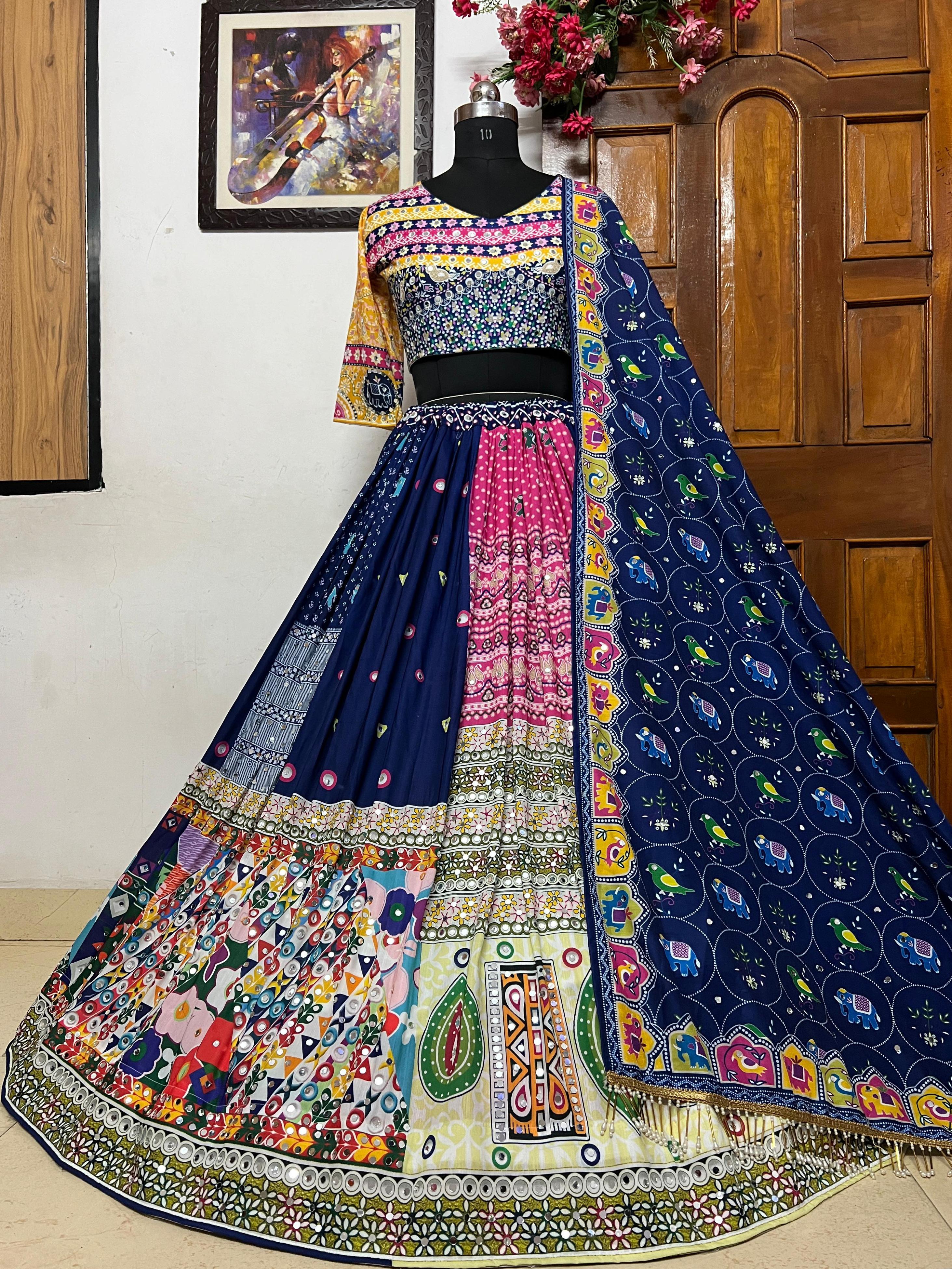 Blue Color Muslin With Digital Print Real Mirror Work Lehenga Choli