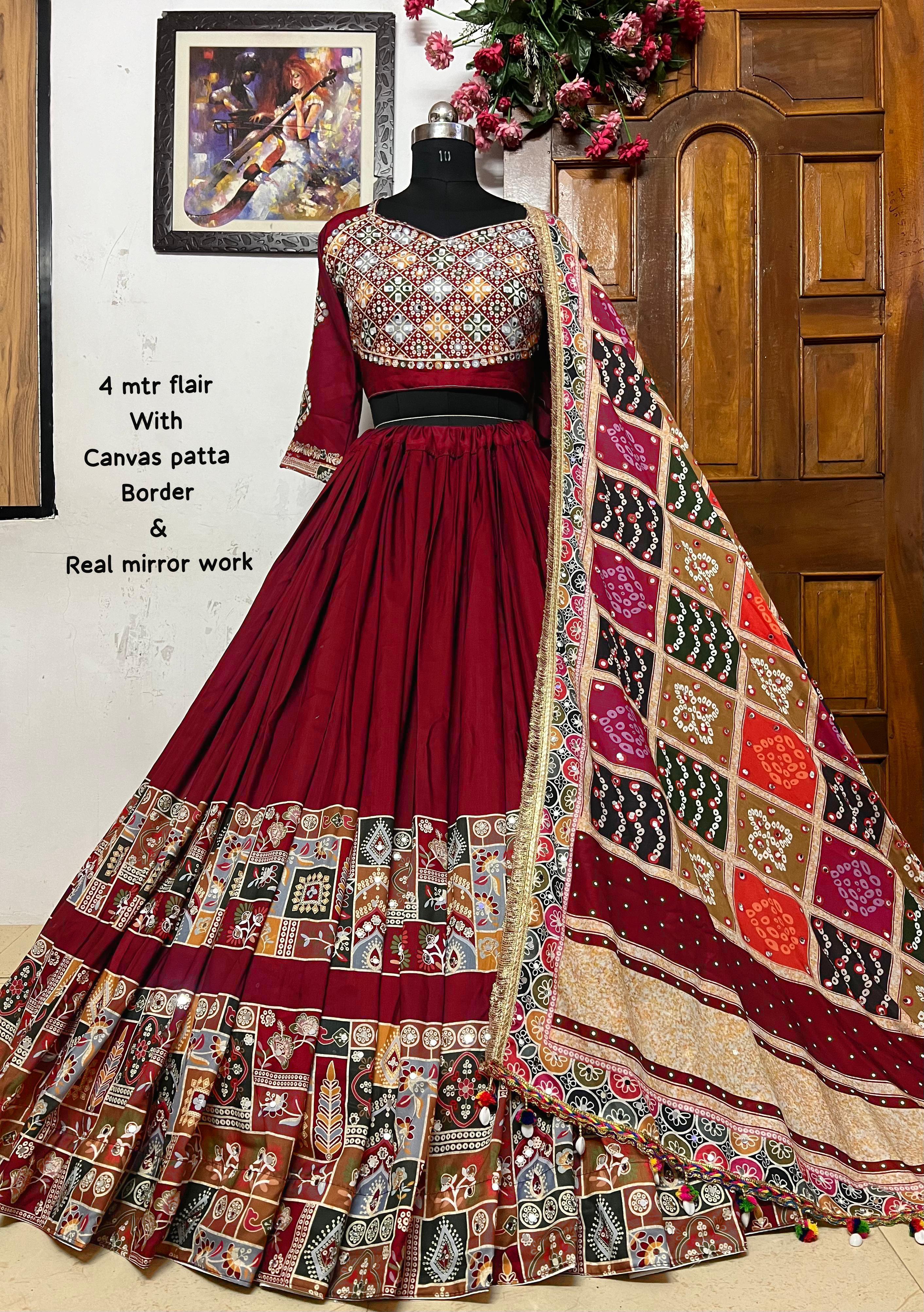 Red Color Mirror Work Digital Printed Lehenga Choli