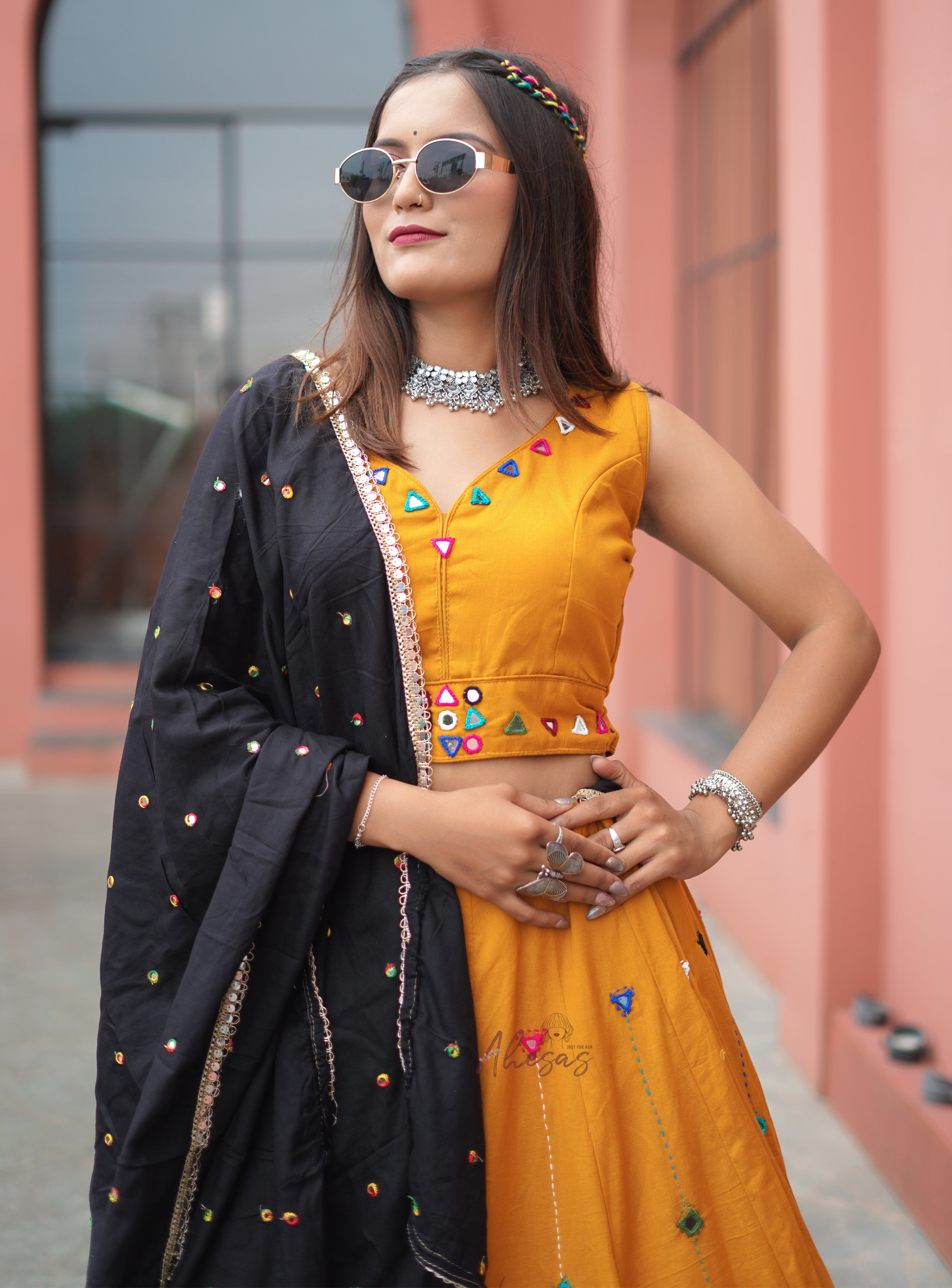 Yellow Color Cotton Mirror Work Navratri Designer lehenga Choli