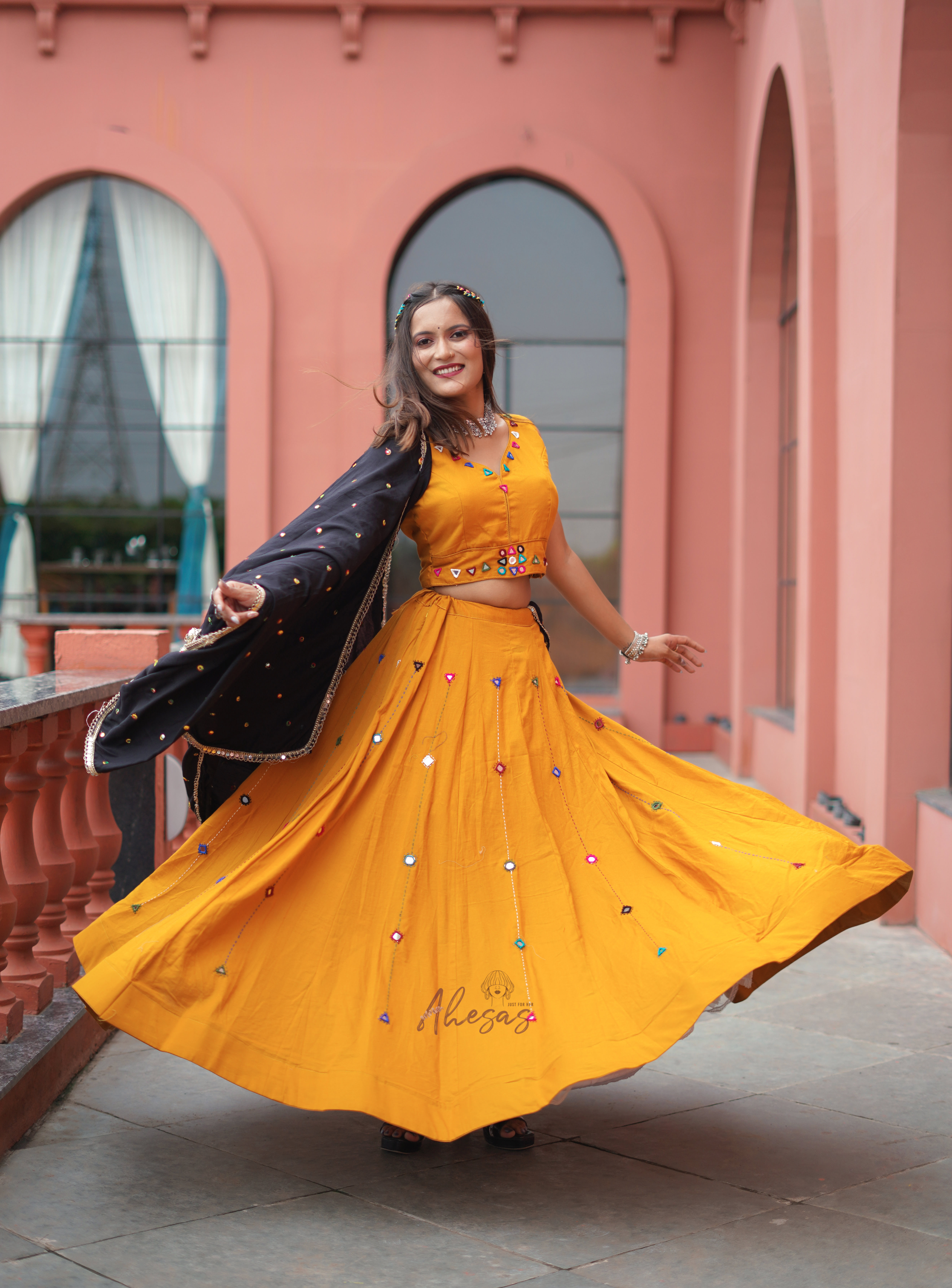 Yellow Color Cotton Mirror Work Navratri Designer lehenga Choli