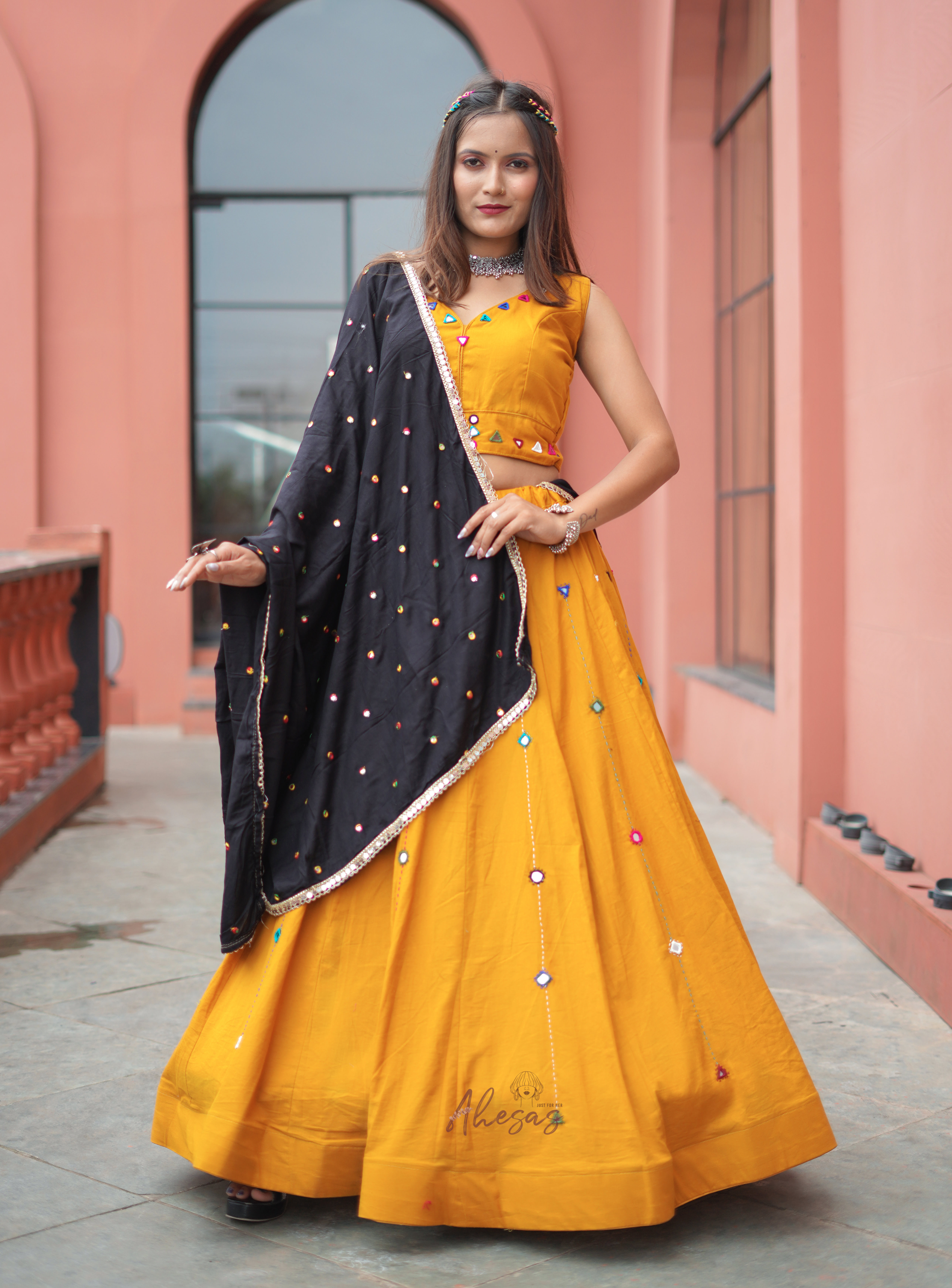 Yellow Color Cotton Mirror Work Navratri Designer lehenga Choli