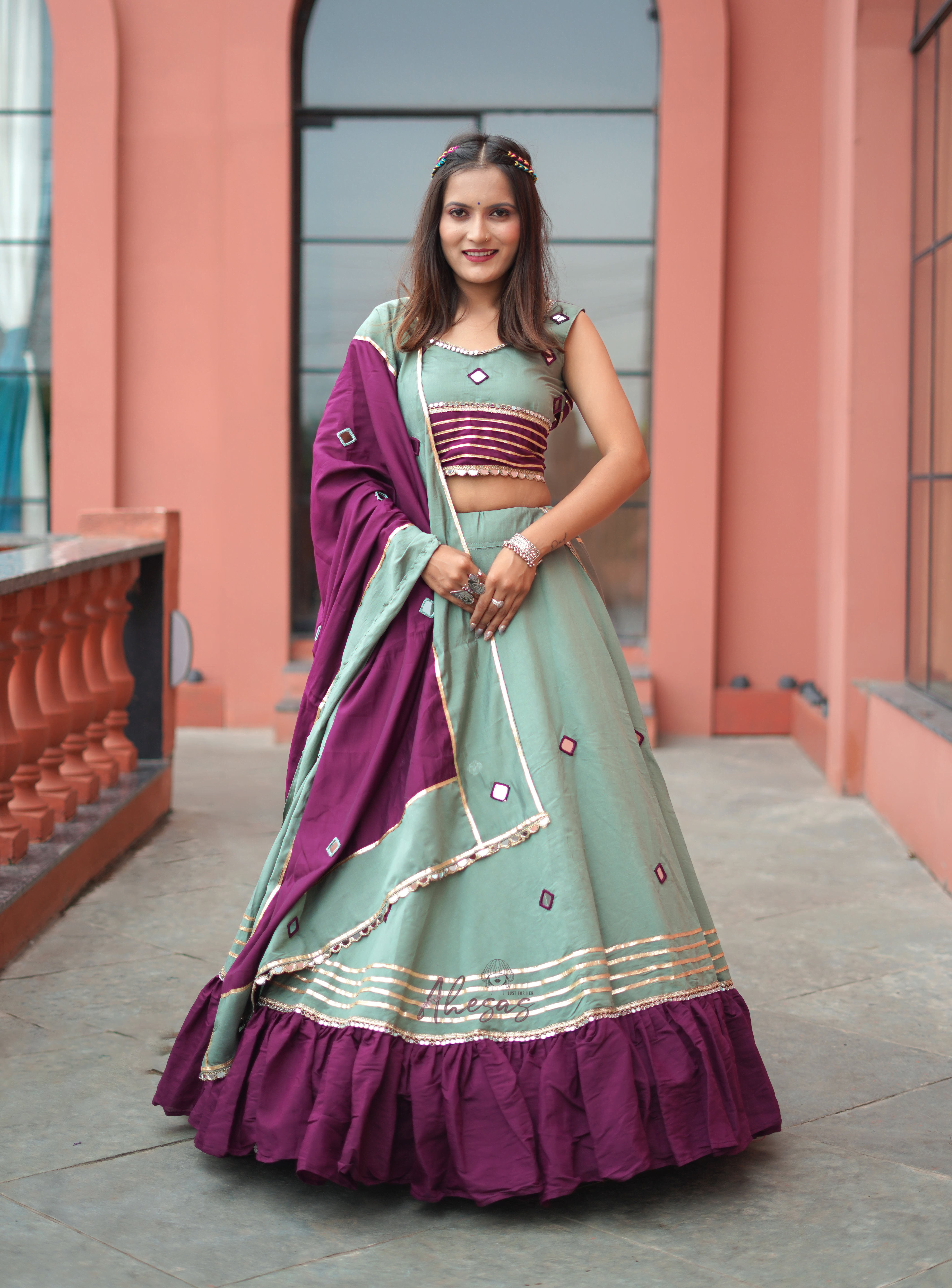 Purple-Green Color Hand Work Mirror Work Navratri Lehenga Choli