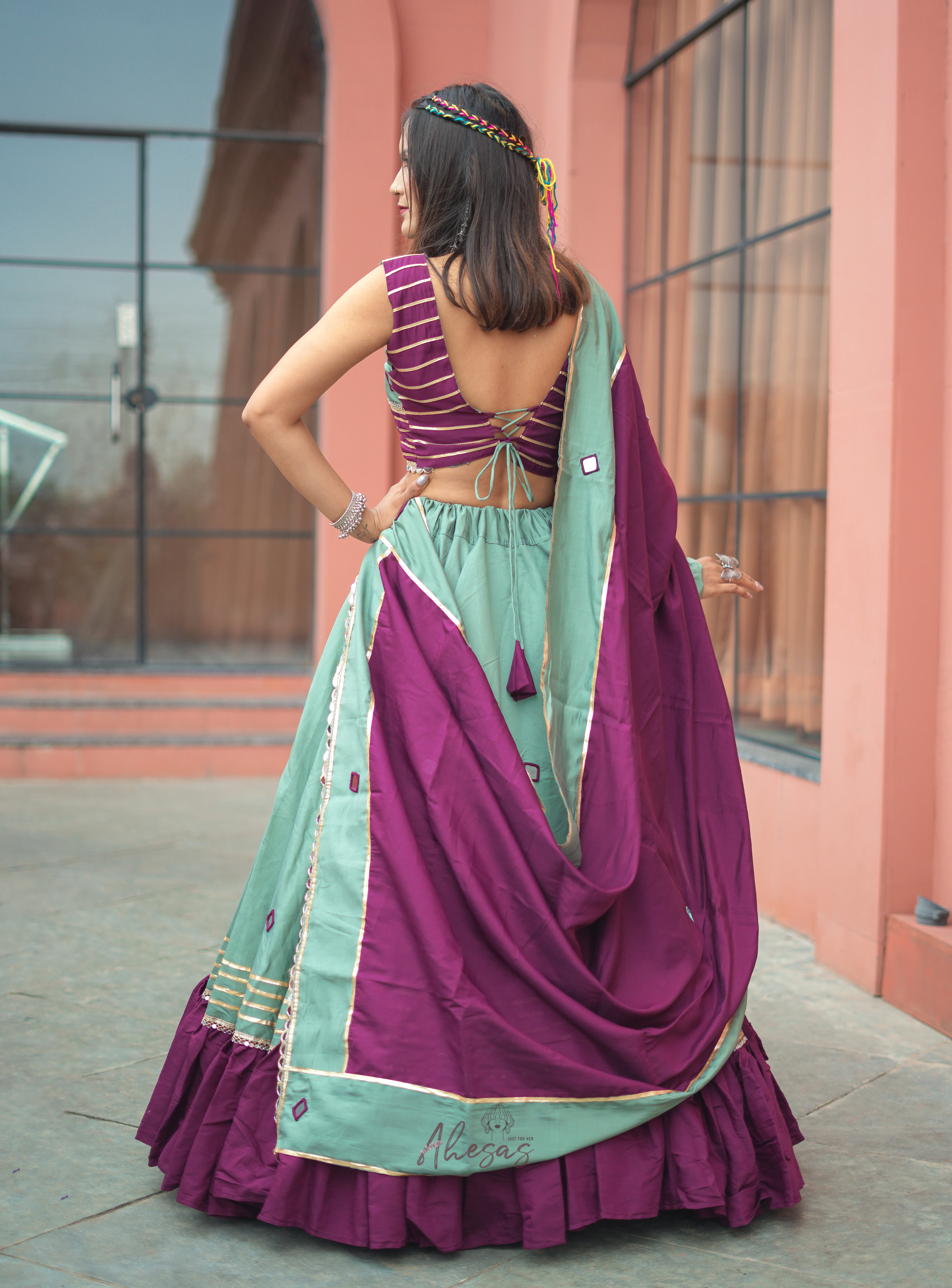 Purple-Green Color Hand Work Mirror Work Navratri Lehenga Choli