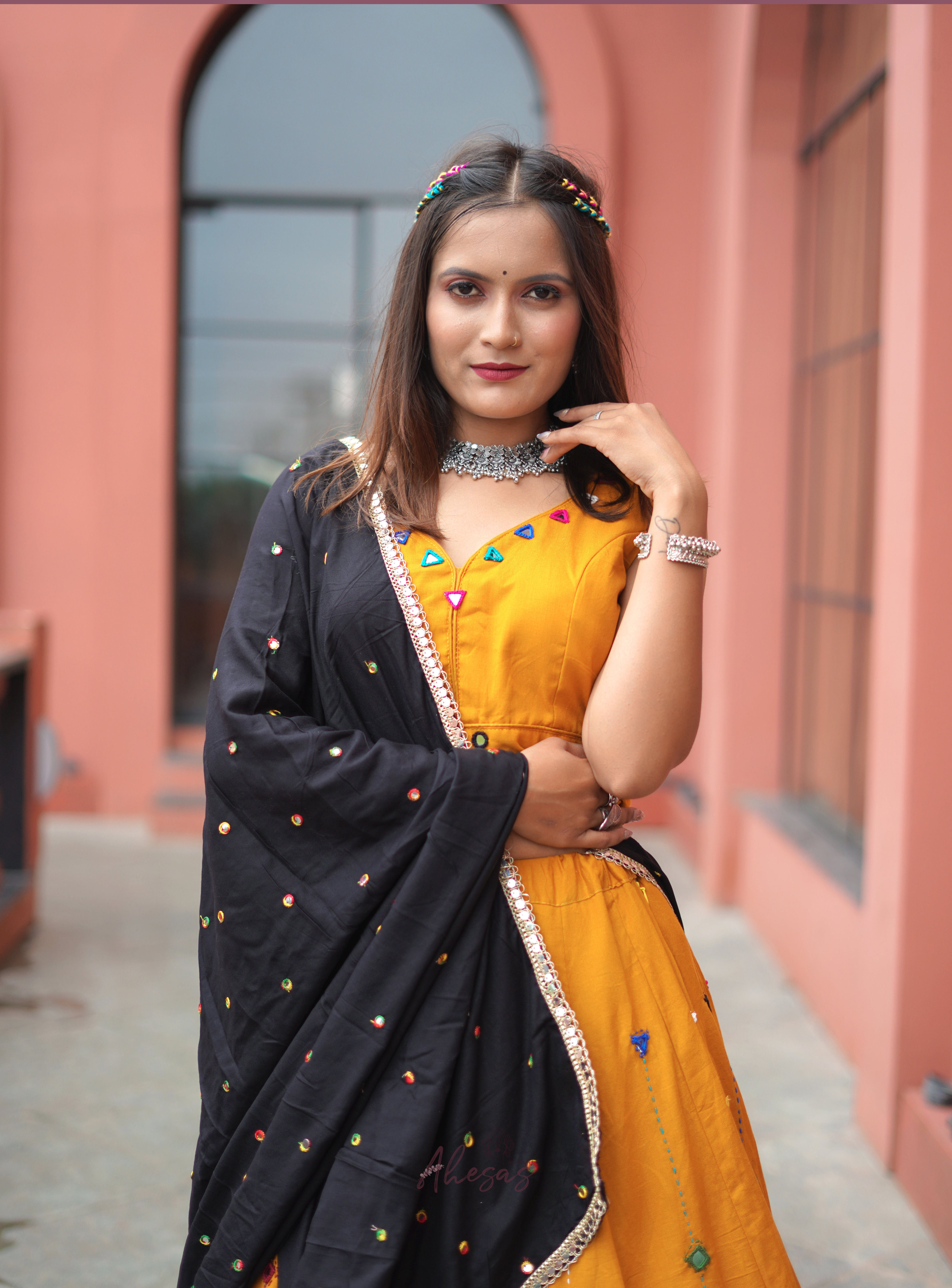 Yellow Color Cotton Mirror Work Navratri Designer lehenga Choli