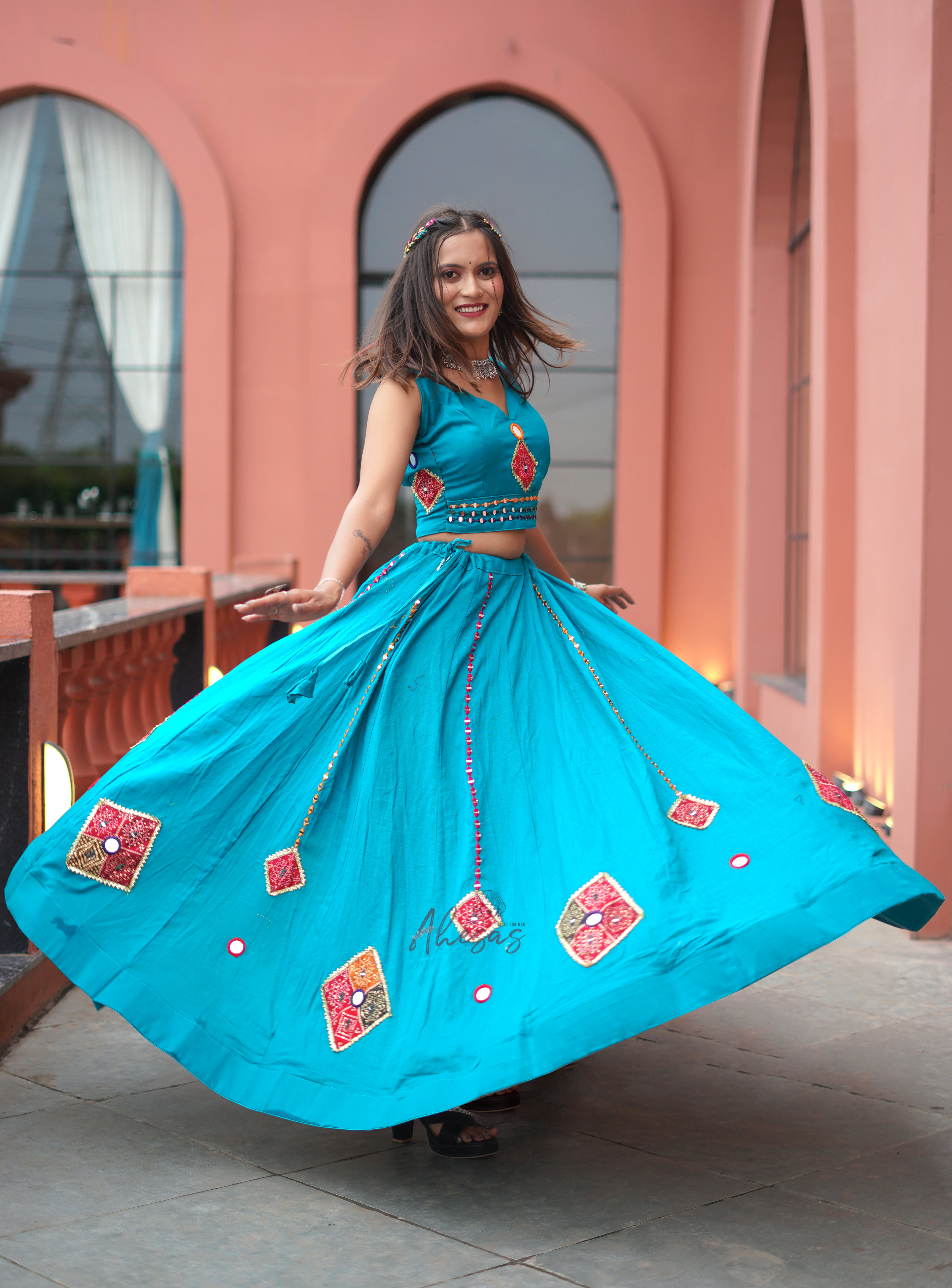 Rama Blue Color Khadi Cotton Navratri Lehenga Choli