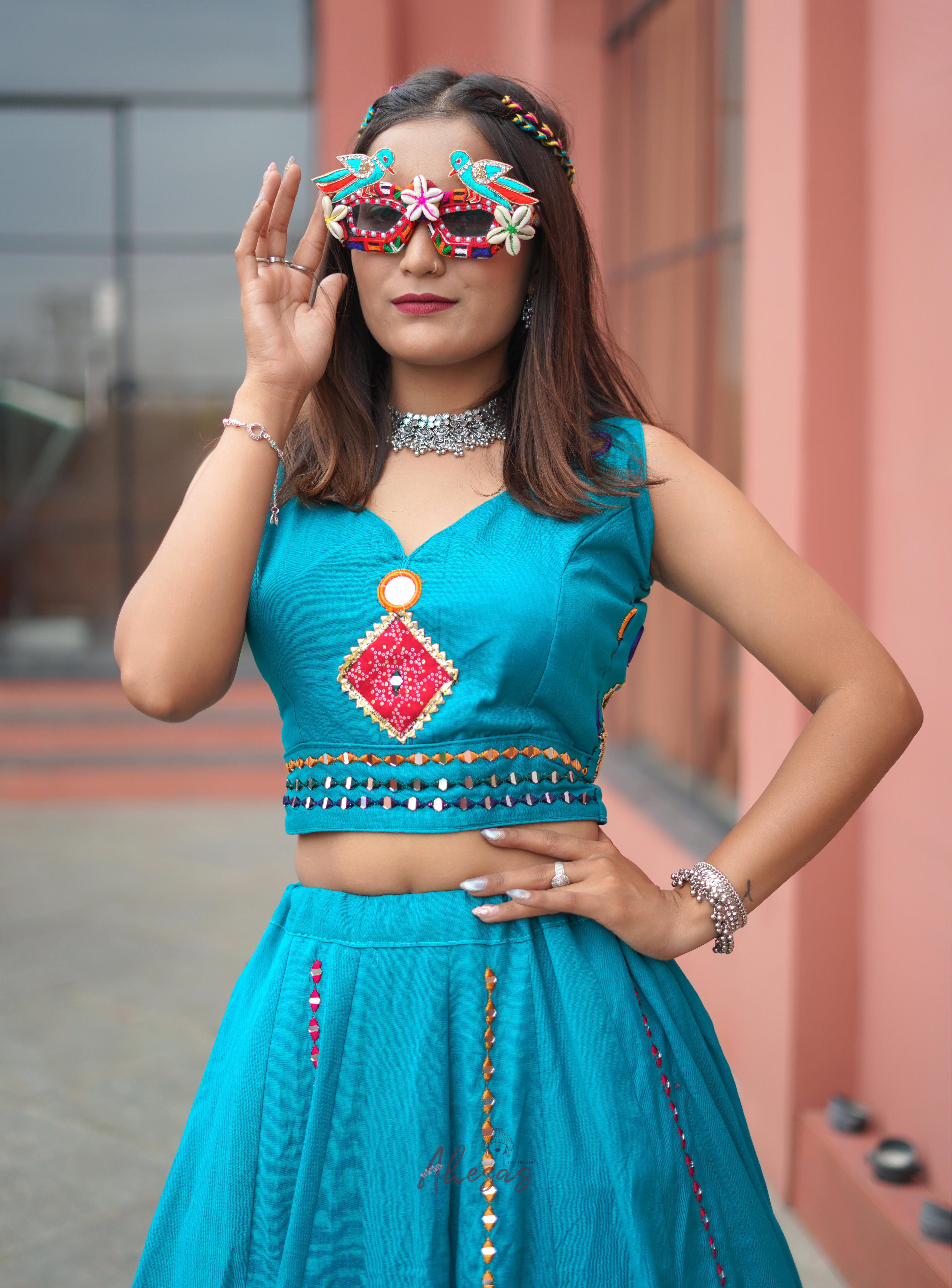 Rama Blue Color Khadi Cotton Navratri Lehenga Choli