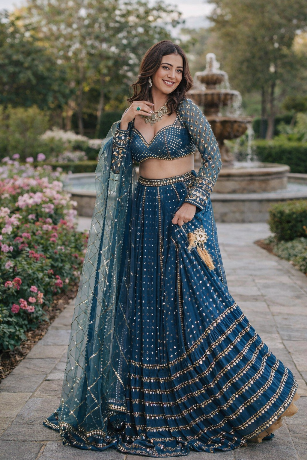 Blue Sequin Party Wear Georgette Lehenga Choli for Women