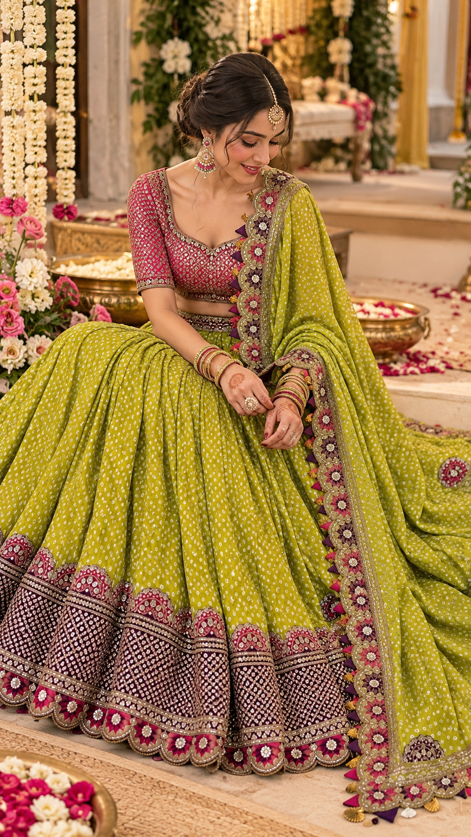 Lime Green & Pink Dot Printed Sequins Work Lehenga Choli