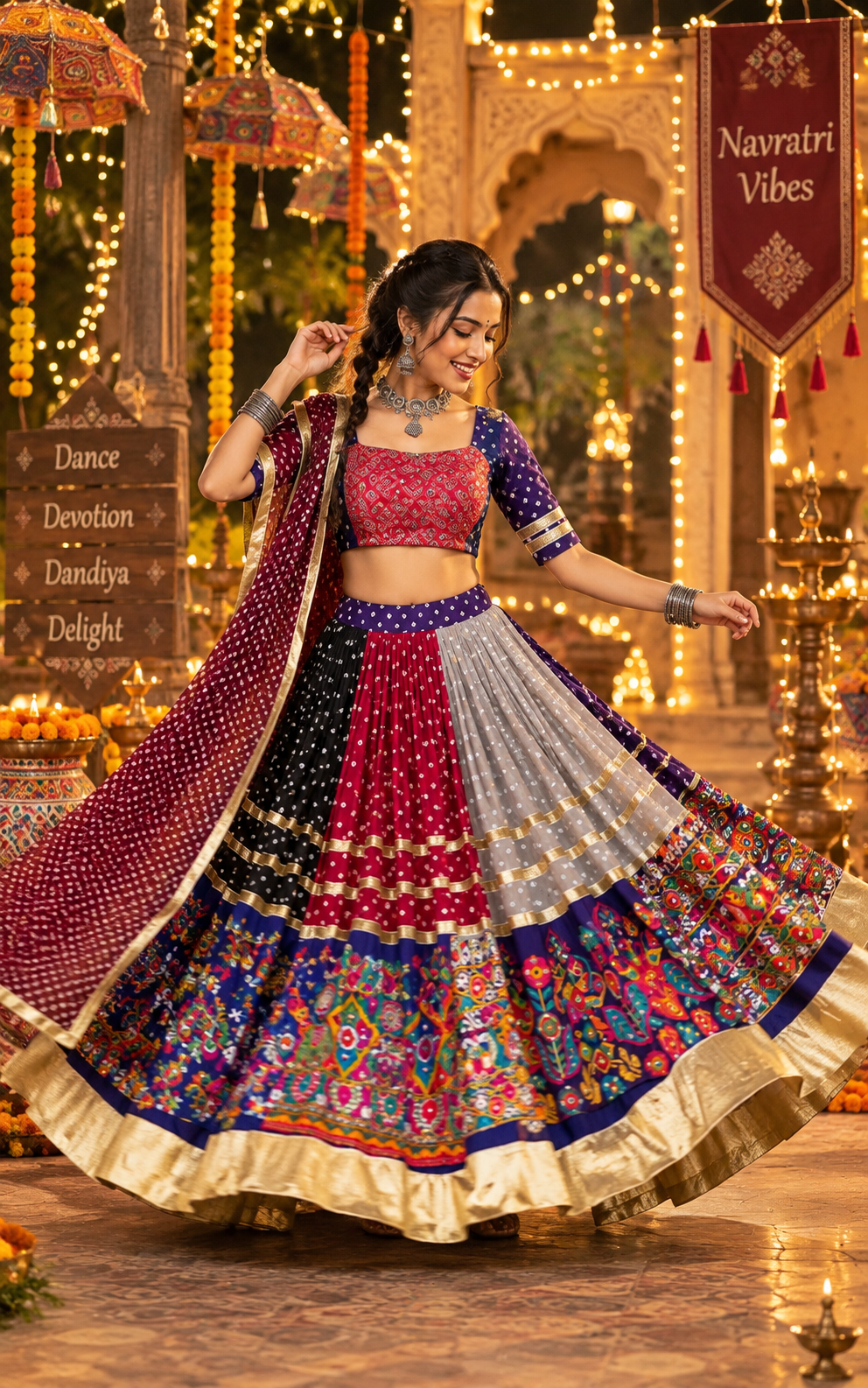 Multi Bandhani Printed Mirror Work Navratri Lehenga Choli