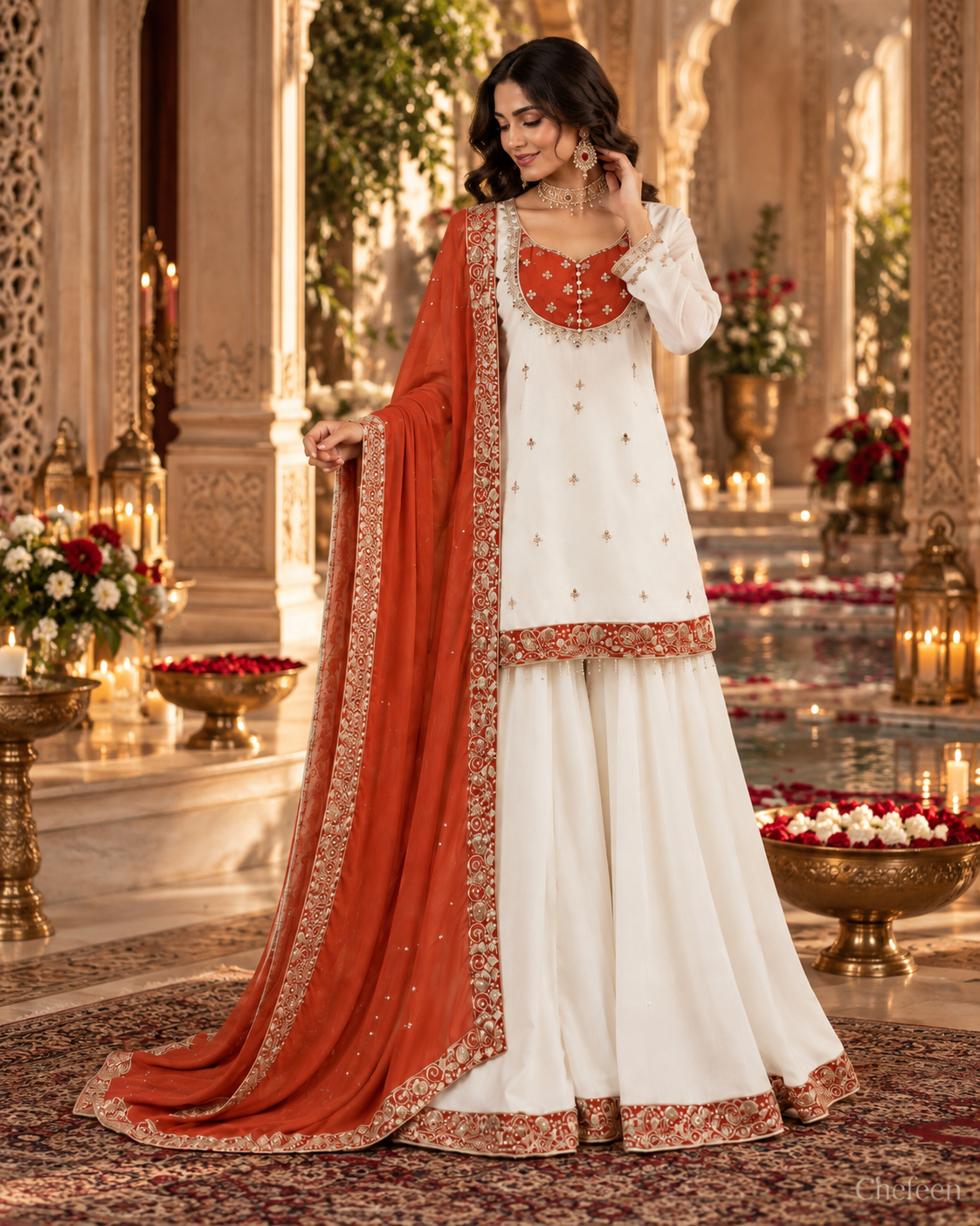 White & Rust Orange Embroidered Sharara Suit with Dupatta