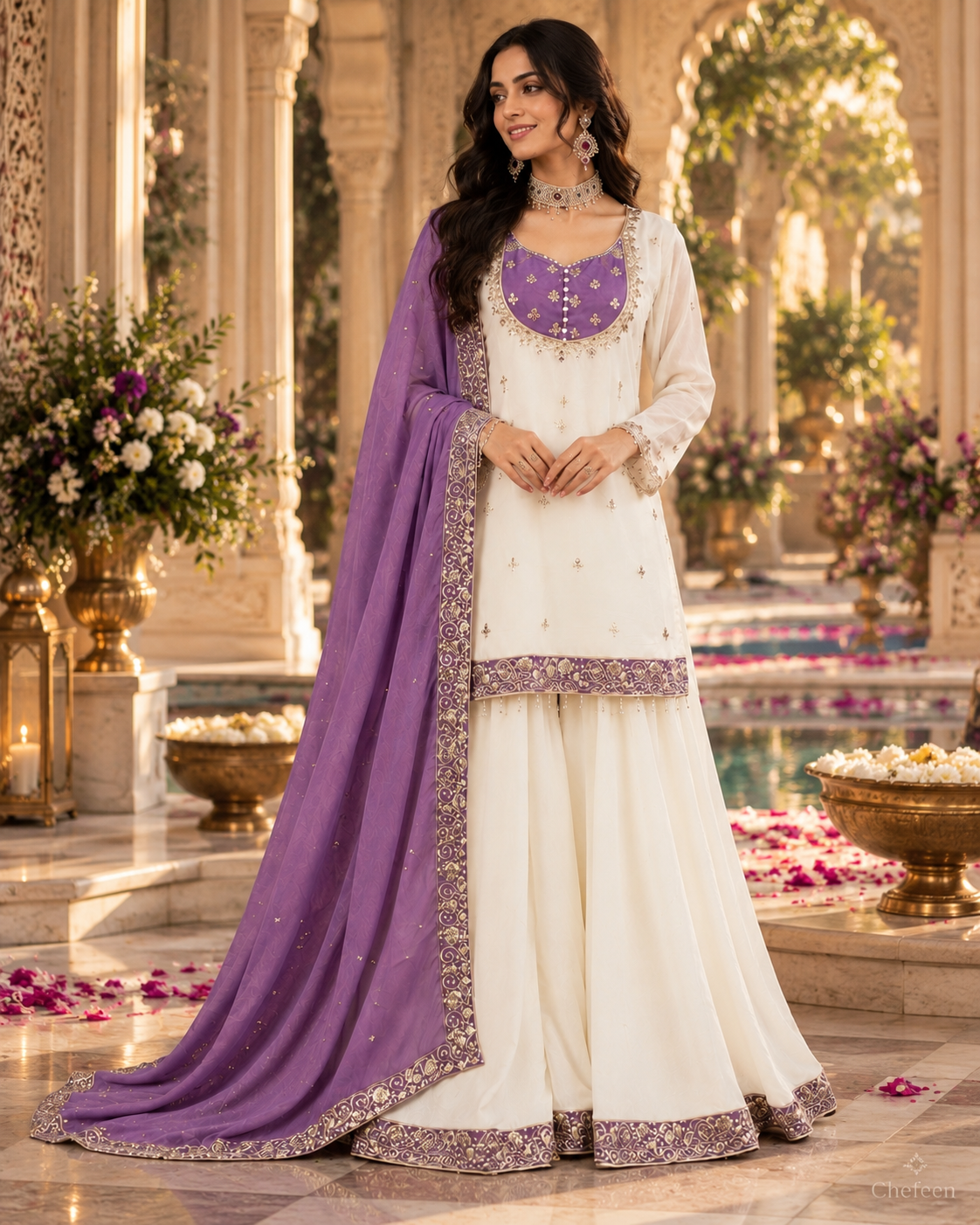 White & Purple Embroidered Sharara Suit with Dupatta