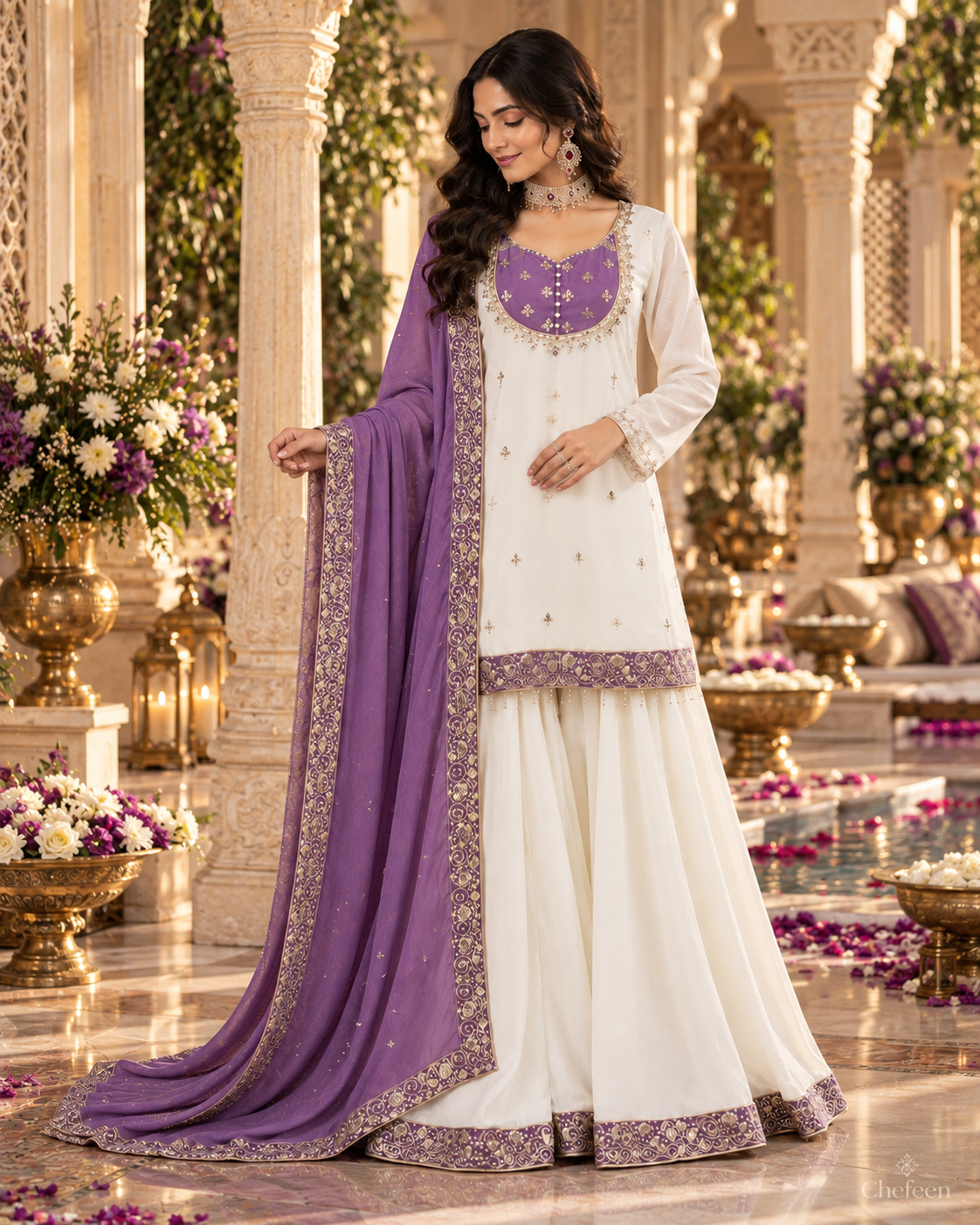 White & Purple Embroidered Sharara Suit with Dupatta