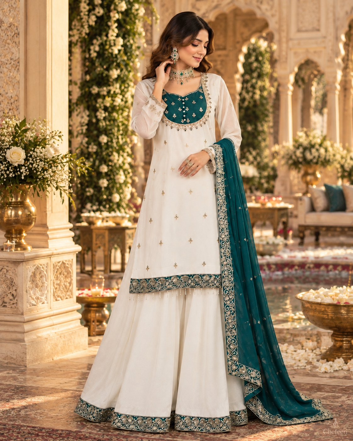 White & Deep Teal Green Embroidered Sharara Suit with Dupatta