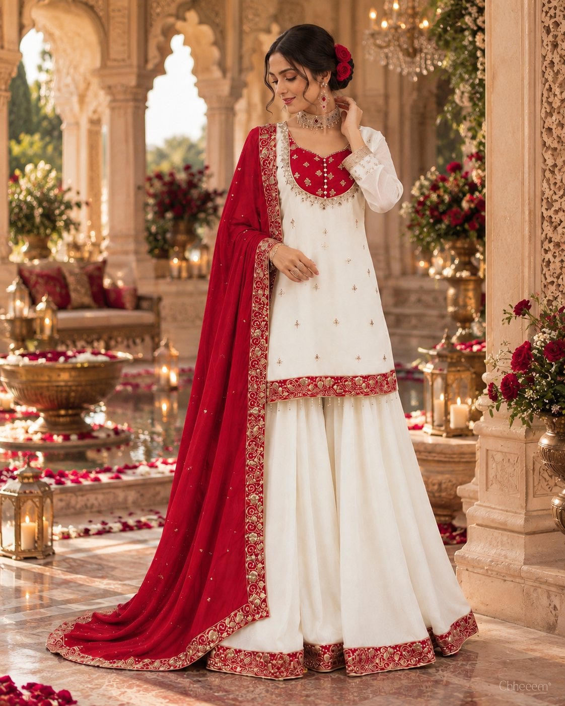 White & Hot Red Embroidered Sharara Suit with Dupatta