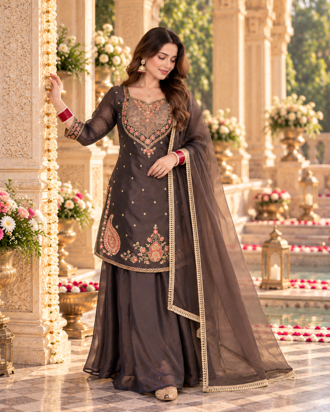 Coffee Brown Embroidered Palazzo Suit with Dupatta