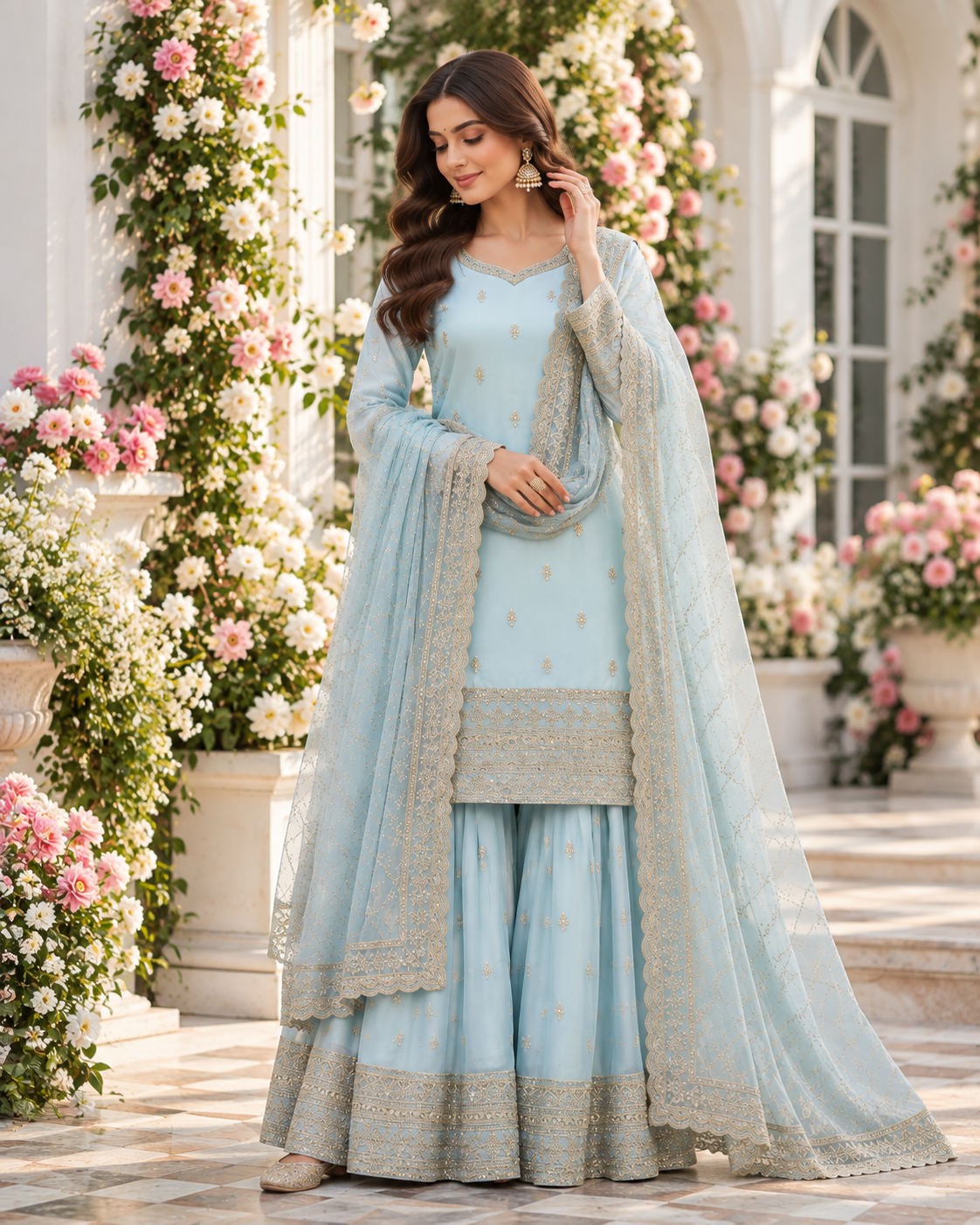 Ice Blue Embroidery Sequins Sharara Suit with Dupatta