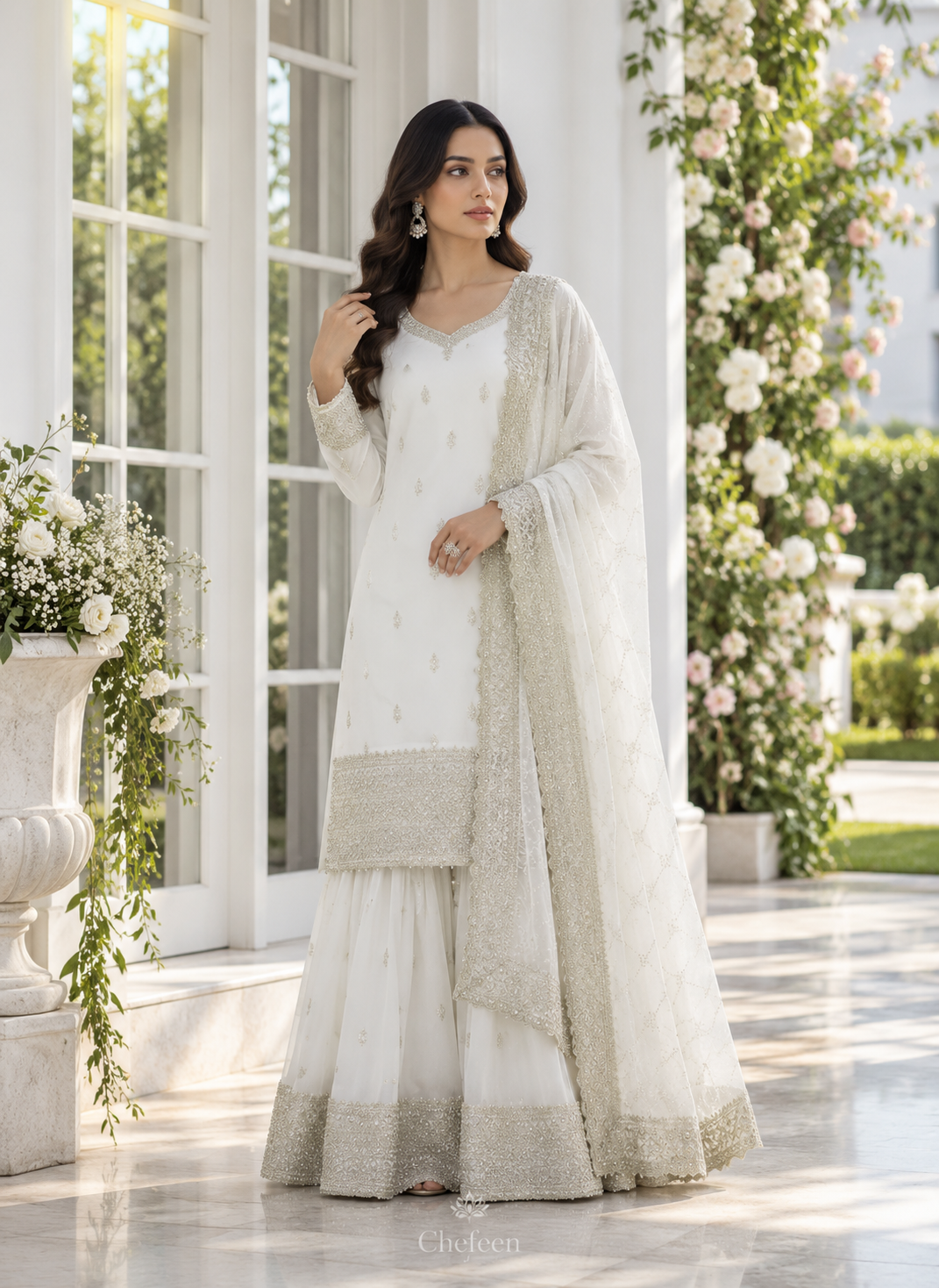 White Embroidery Sequins Sharara Suit with Dupatta