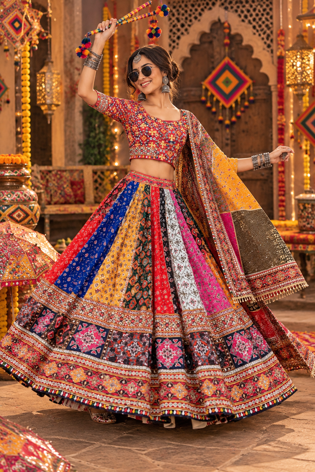 Multi Printed Designer Premium Mirror Work Navratri Lehenga