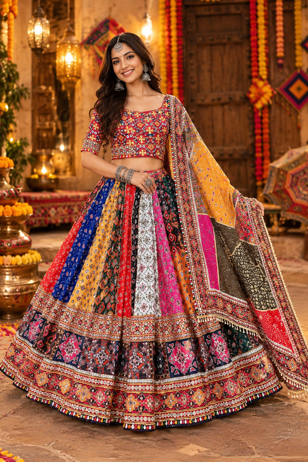 Multi Printed Designer Premium Mirror Work Navratri Lehenga