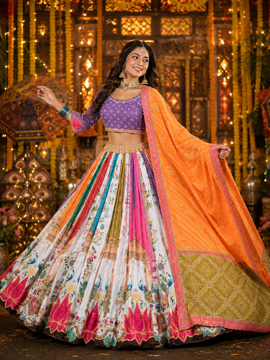 Multi Mirror Work Muslin Navratri Lehenga Choli.