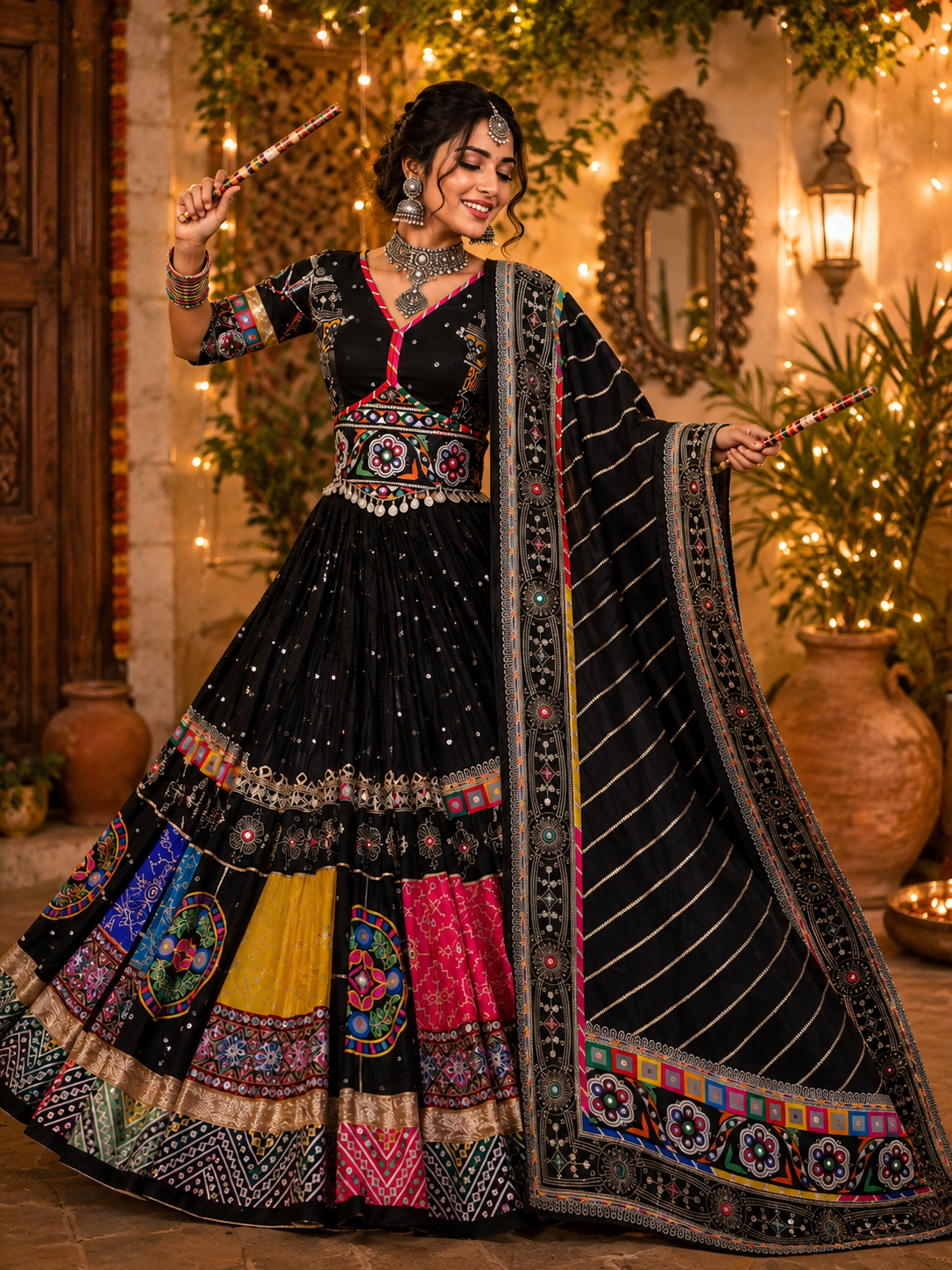 Black Printed Mirror Work Muslin Navratri Lehenga Choli
