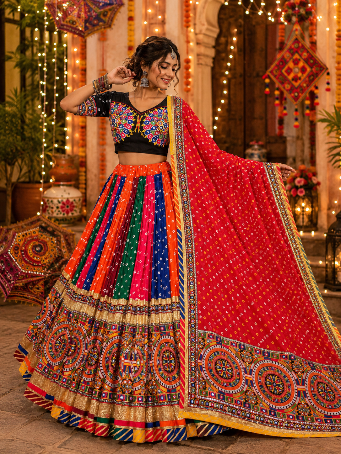 Bandhani Printed Mirror Work Navratri Lehenga Choli