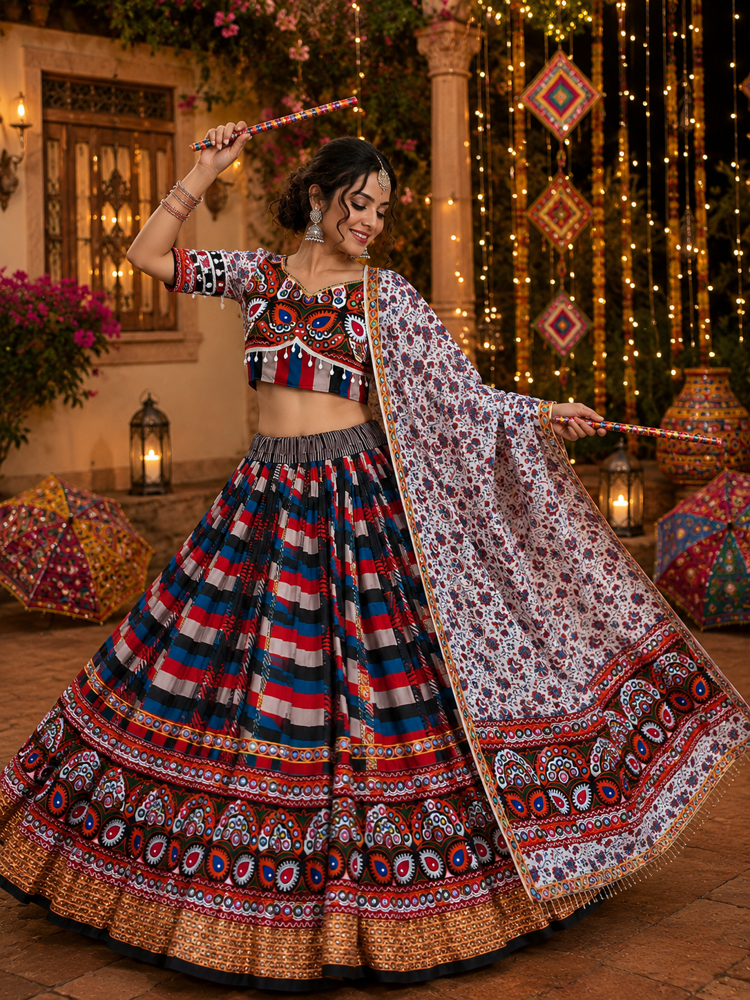 Multi Printed Mirror Work Navratri Lehenga Choli