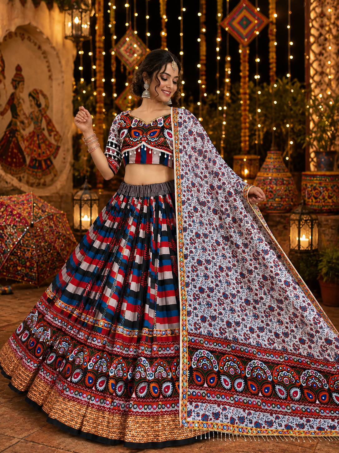 Multi Printed Mirror Work Navratri Lehenga Choli