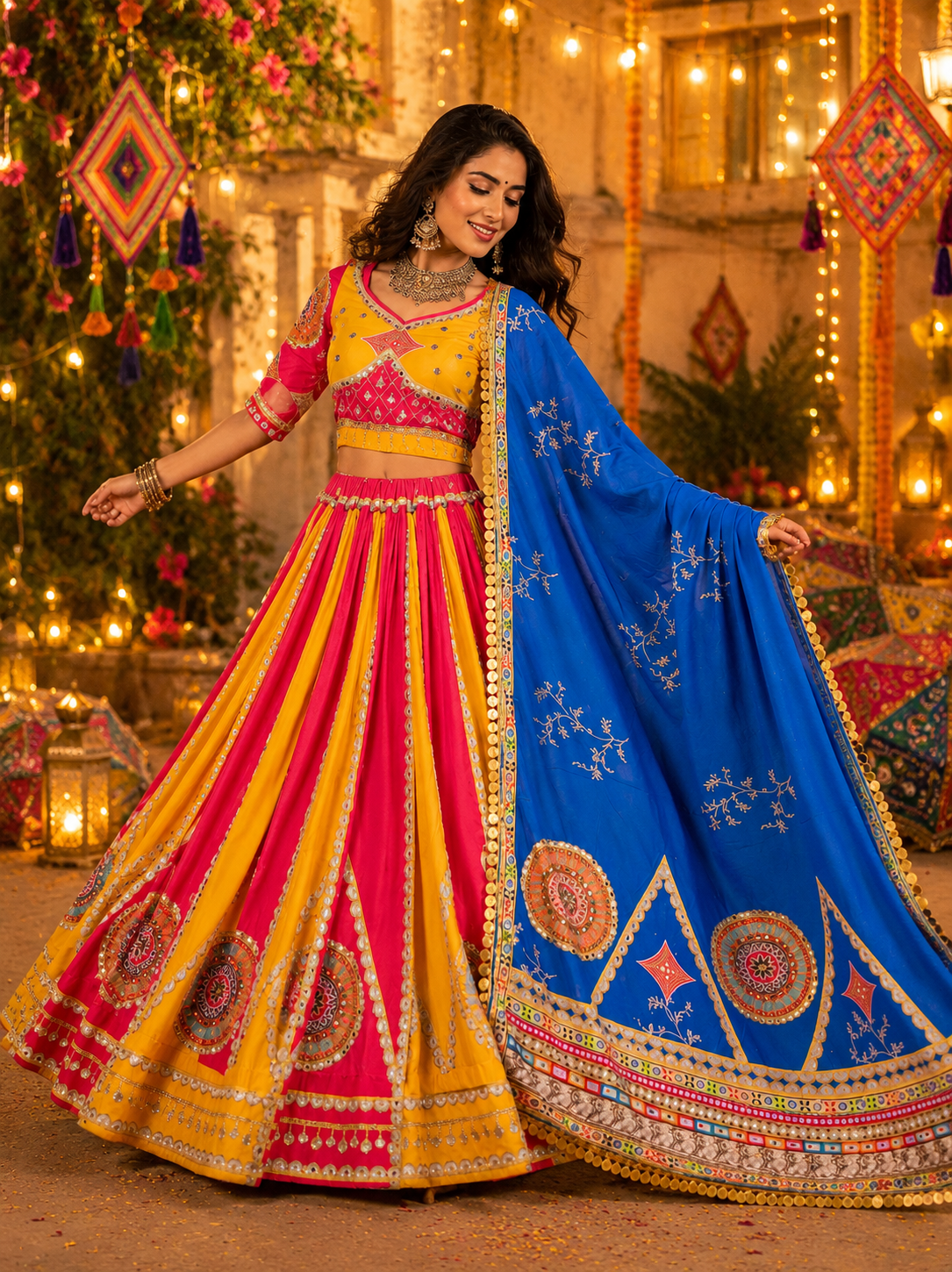 Yellow-Pink Mirror Work Navratri Lehenga Choli