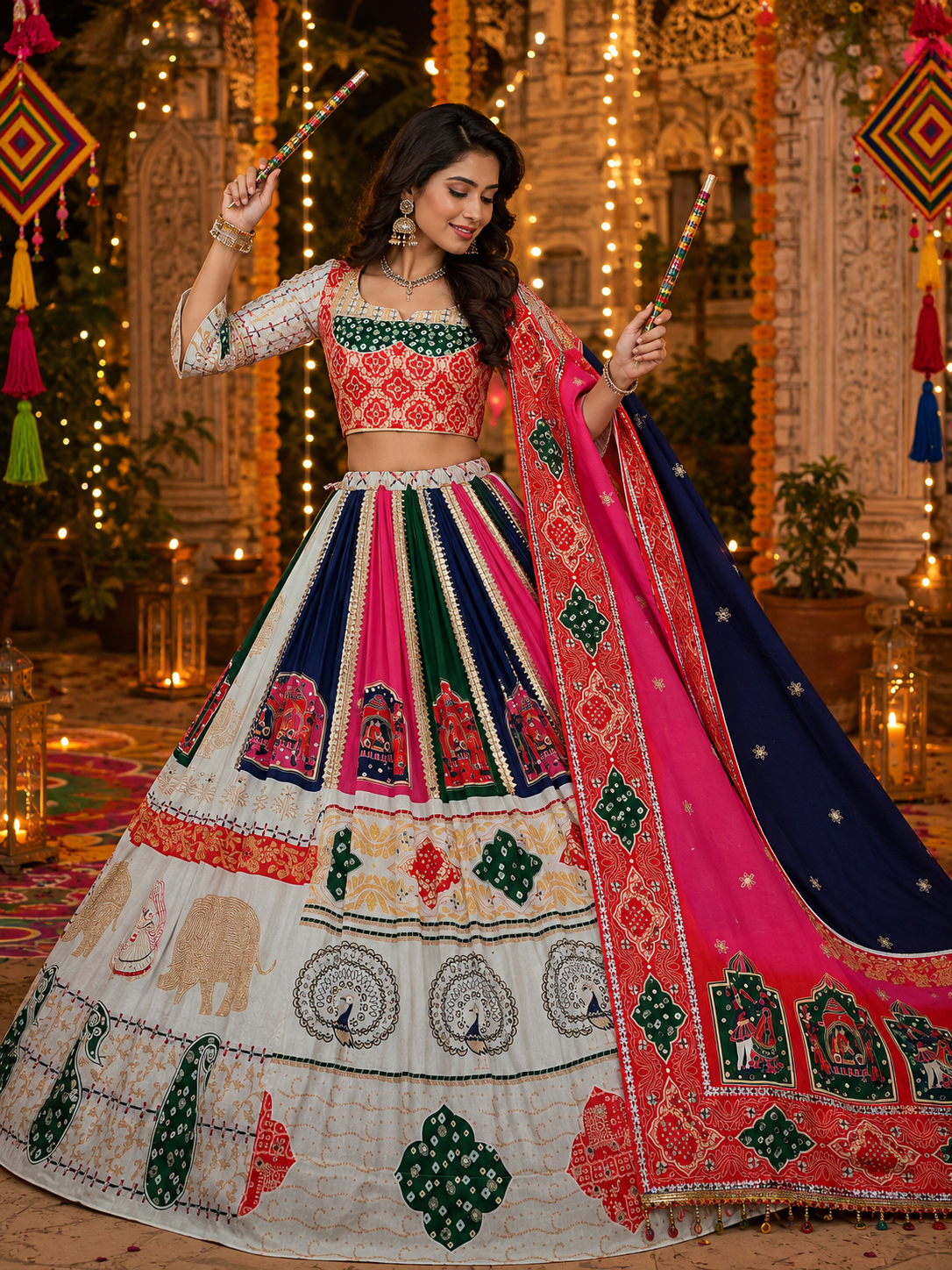 White Multi Printed Mirror Work Navratri Chaniya Choli