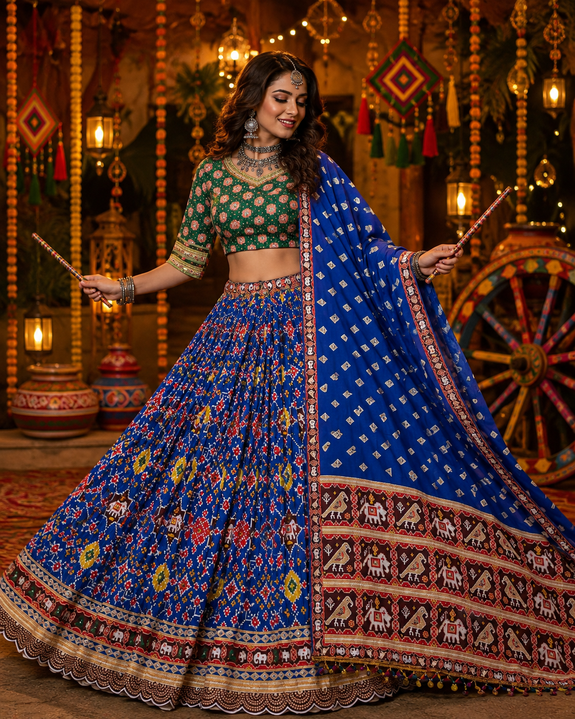 Blue Patola Printed Mirror Work Navratri Lehenga Choli
