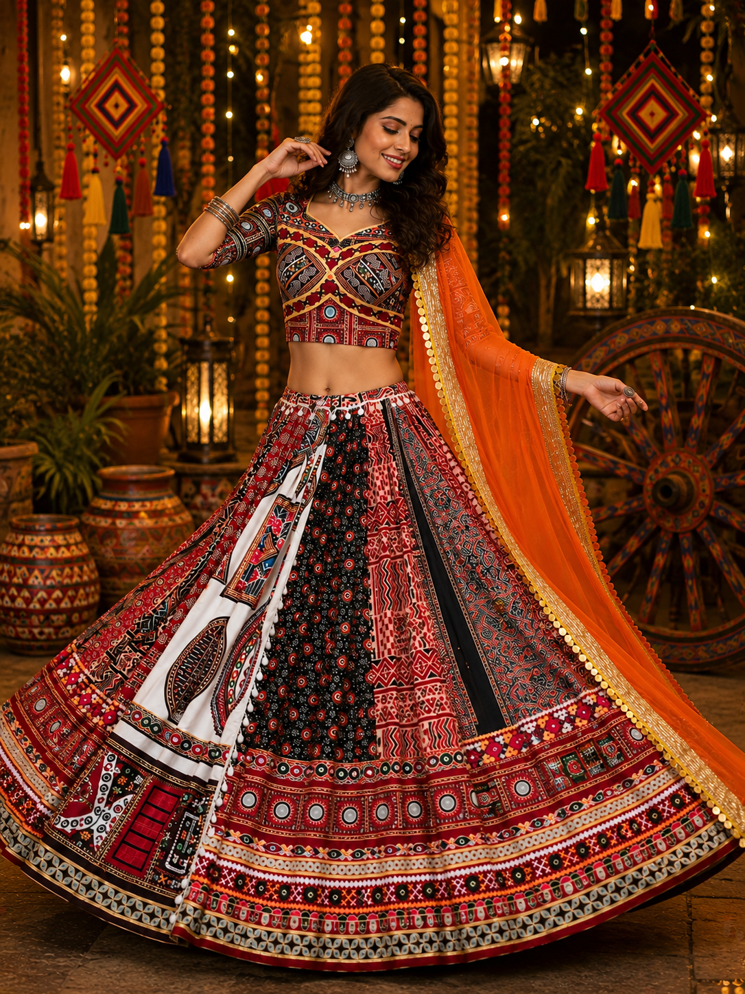 Red-Black Ajarkh Printed Mirror Work Navratri Lehenga Choli