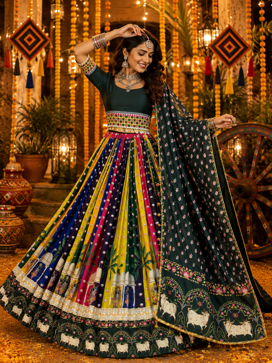 Multi Printed Mirror Work Traditional Navratri Lehenga Choli,