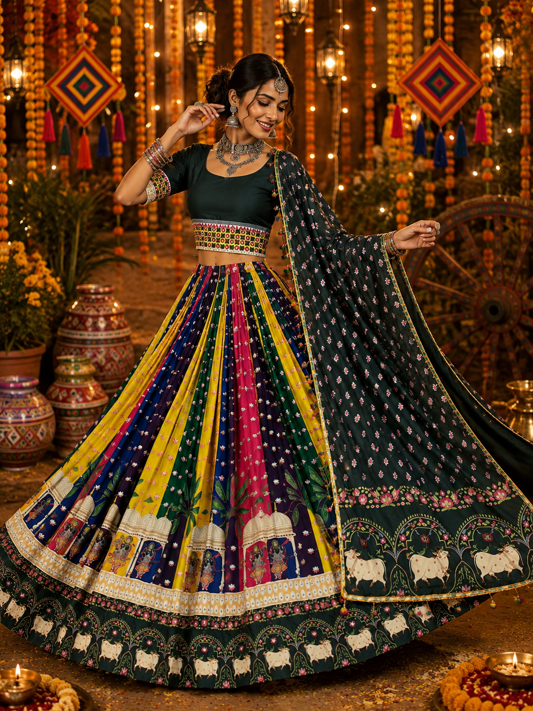 Multi Printed Mirror Work Traditional Navratri Lehenga Choli,