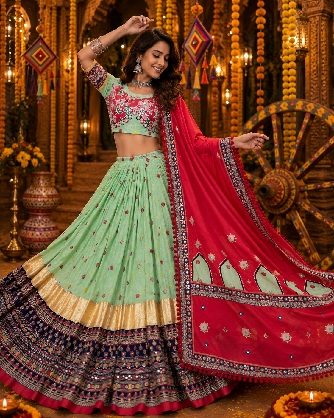 Pista Green Mirror Work Navratri Lehenga Choli