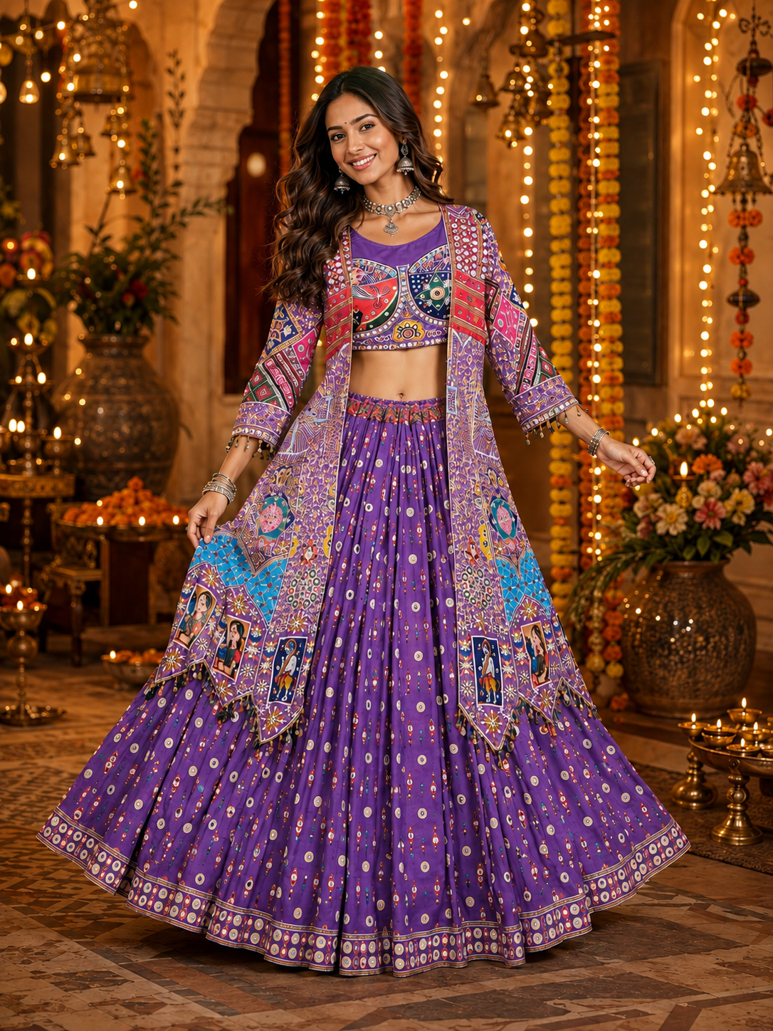 Purple Mirror Work Digital Printed Navratri Lehenga Choli.