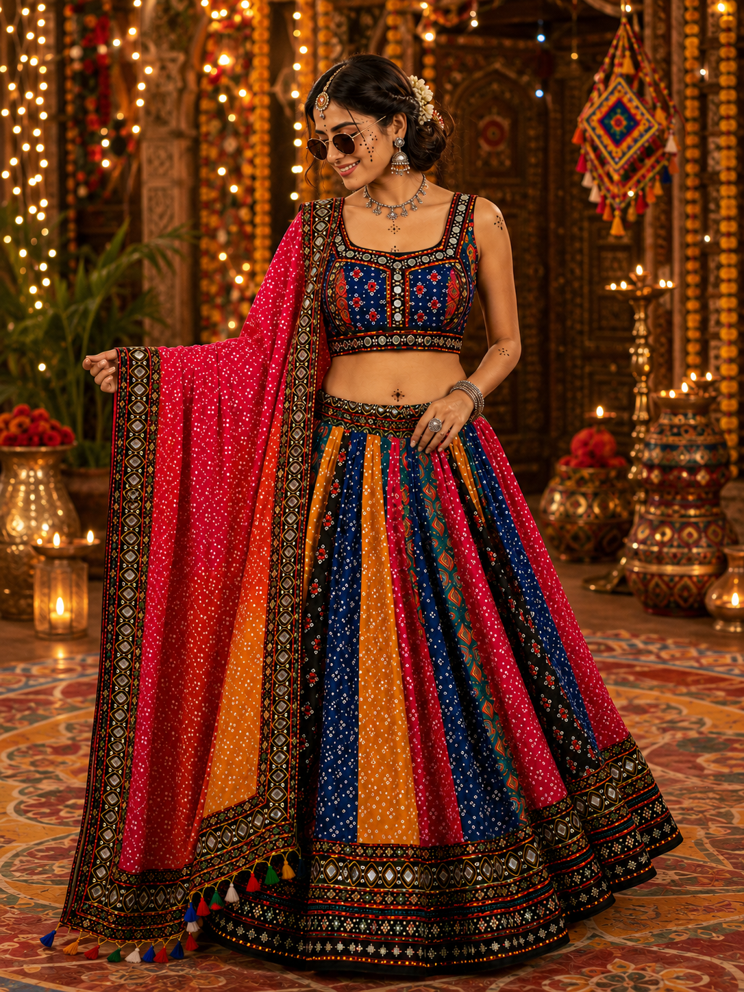 Multi Color Ajarkh Printed Mirror Work Navratri Lehenga Choli