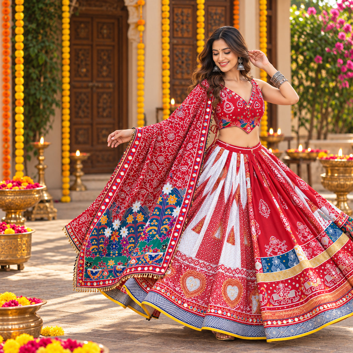 Red - White Mirror Work Designer Navratri Lehenga Choli