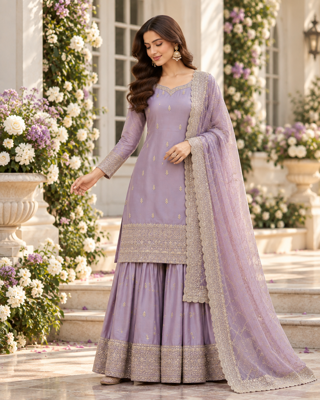 Lavender Embroidery Sequins Sharara Suit with Dupatta