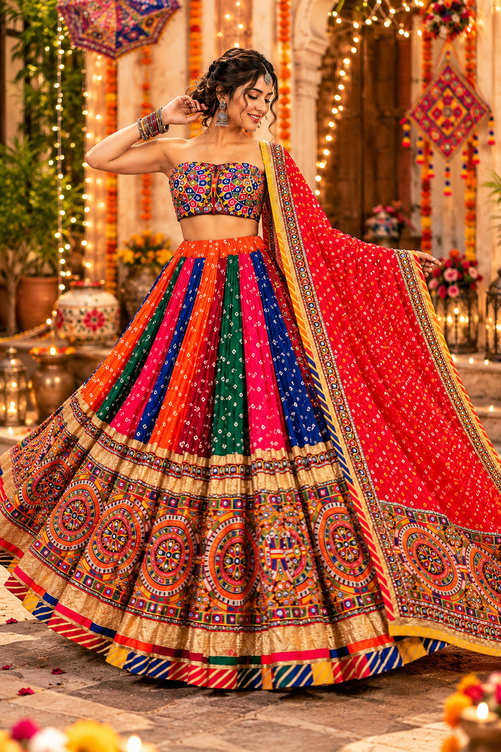 Bandhani Printed Mirror Work Navratri Lehenga Choli
