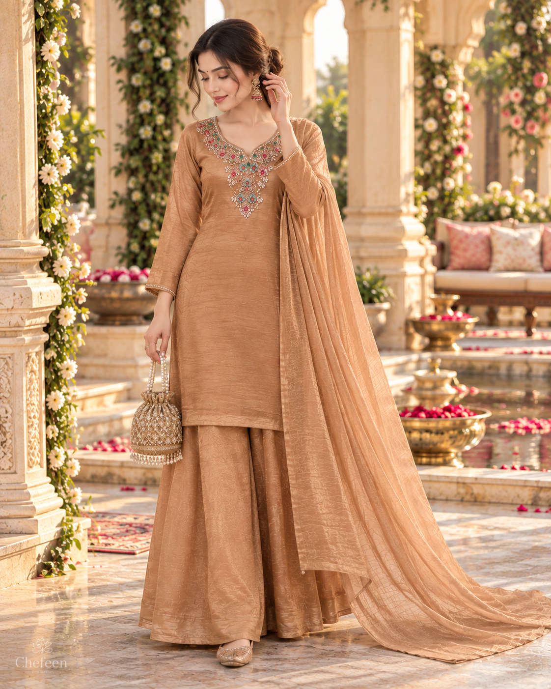 Warm Caramel Gold Embroidered Palazzo Suit
