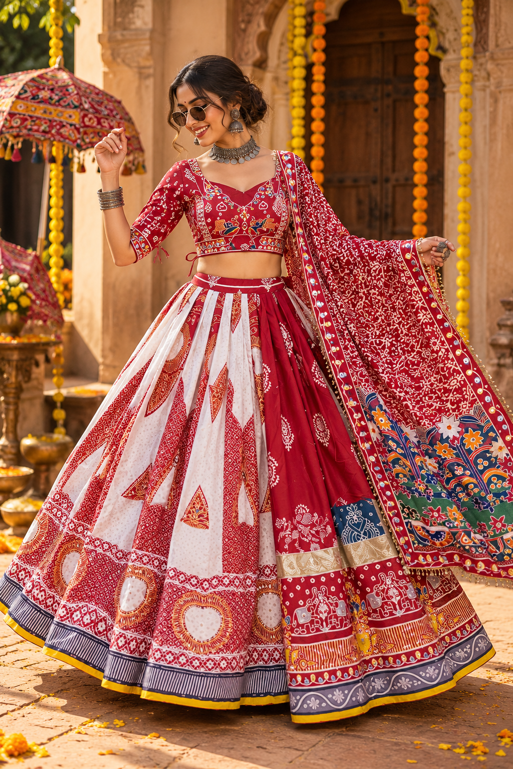 Red - White Mirror Work Designer Navratri Lehenga Choli