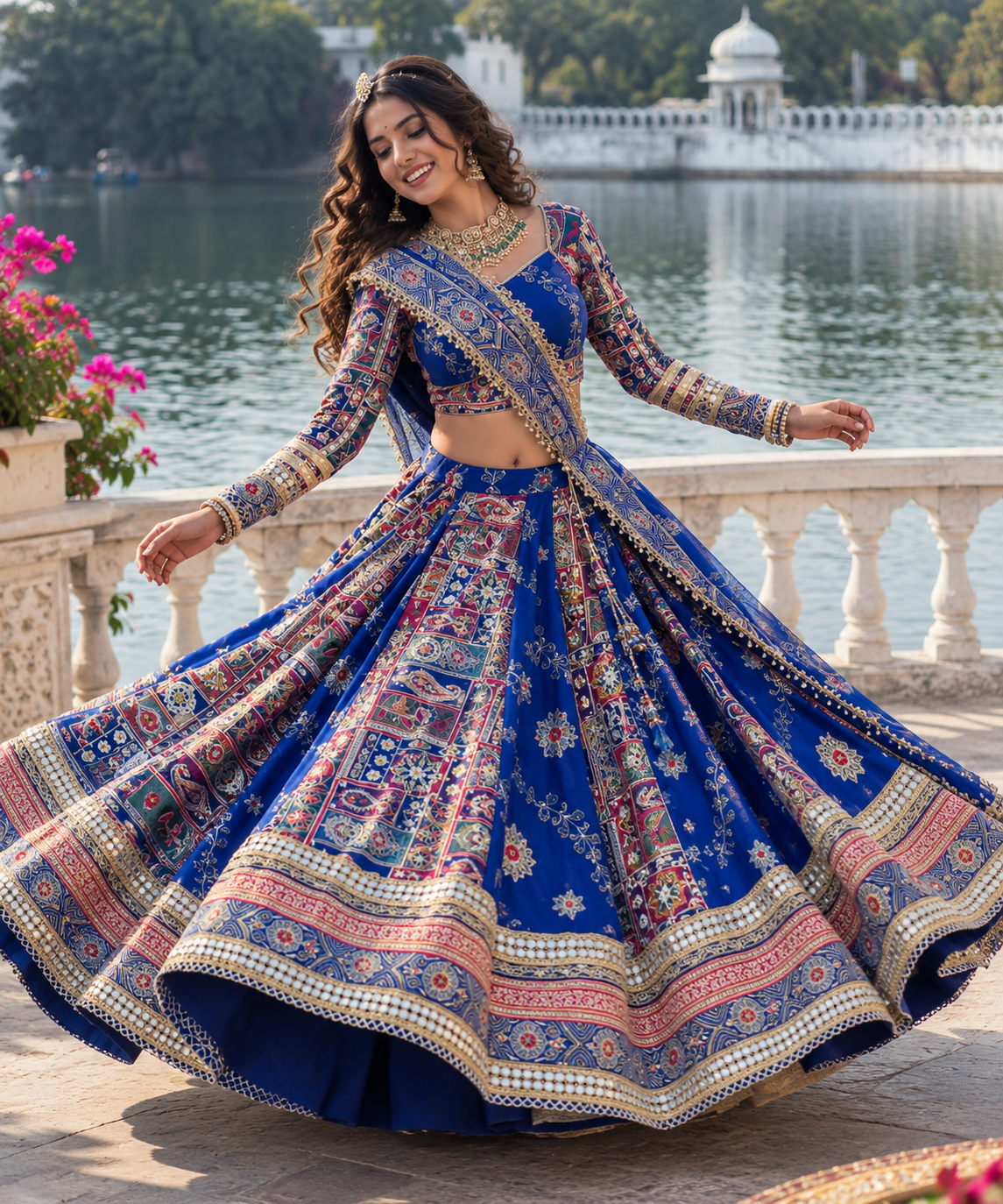 Blue Mirror Work Muslin Navratri Lehenga Choli.