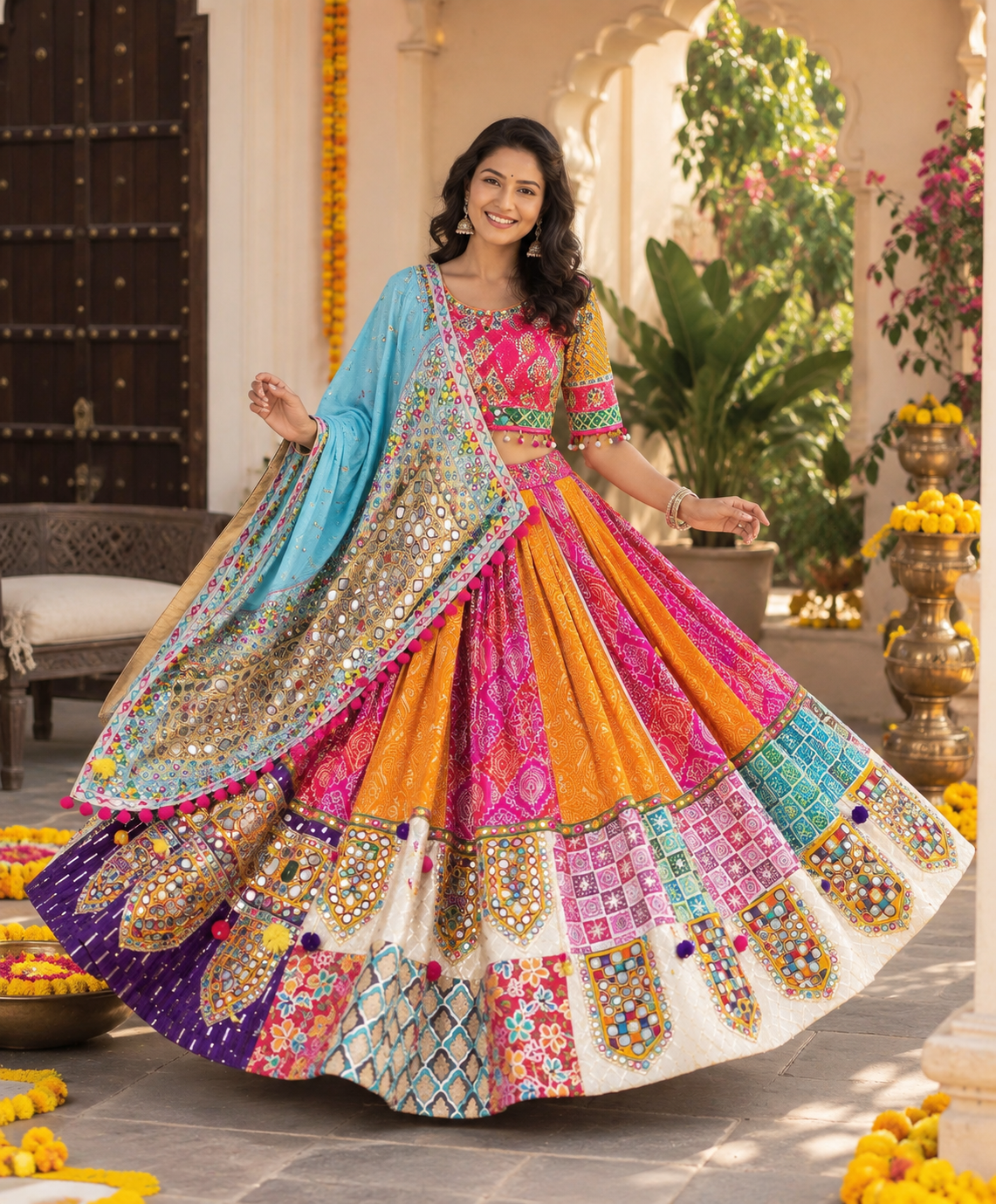 Pink - Orange Mirror Work Navratri Lehenga Choli