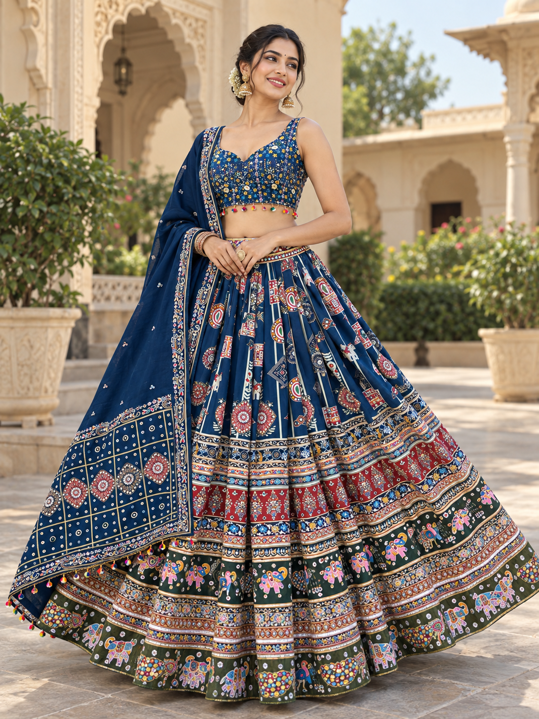 Blue Mirror Work Digital Printed Navratri Lehenga for Women