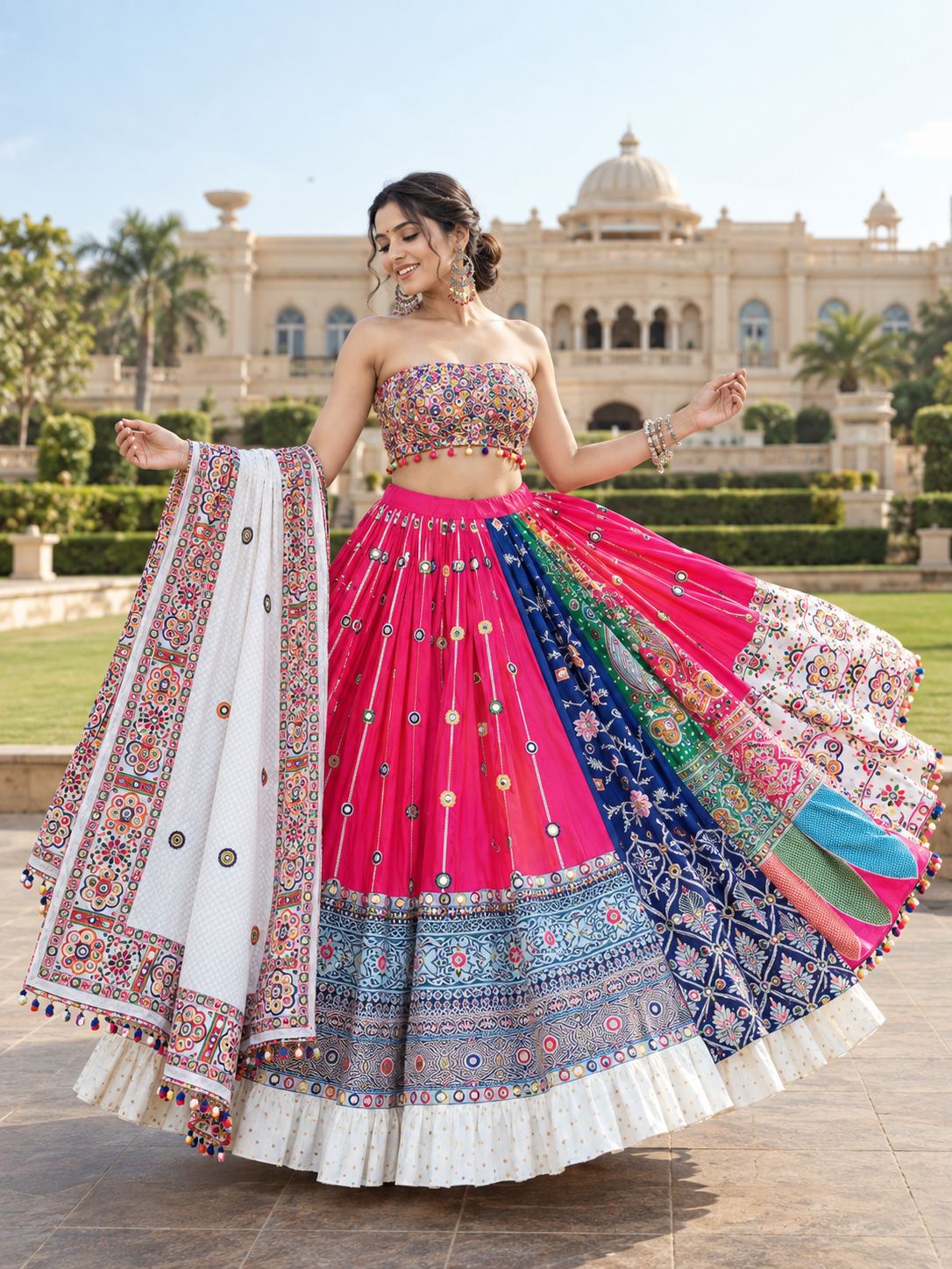 Pink Mirror Work Digital Printed Navratri Lehenga Choli