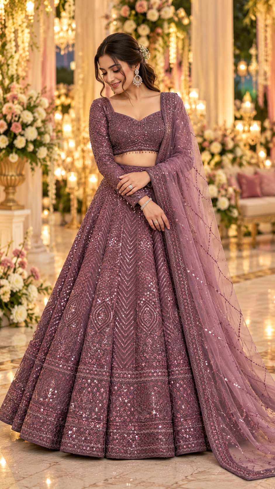 Dusty Plum Mauve Sequins Bridal Lehenga Choli with Net Dupatta