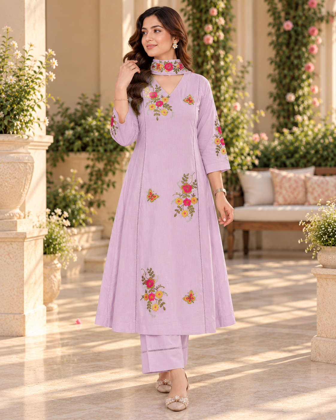 Soft Lilac Floral Embroidered A-Line Salwar Suit